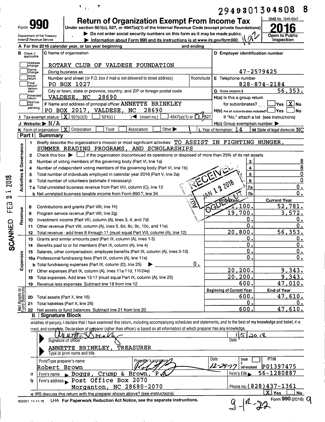 Image of first page of 2016 Form 990 for Rotary Club of Valdese Foundation