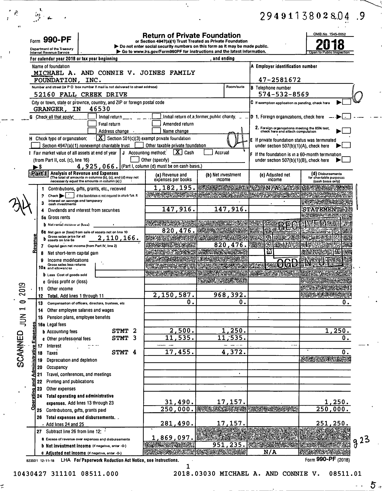 Image of first page of 2018 Form 990PF for Michael A and Connie V Joines Family Foundation