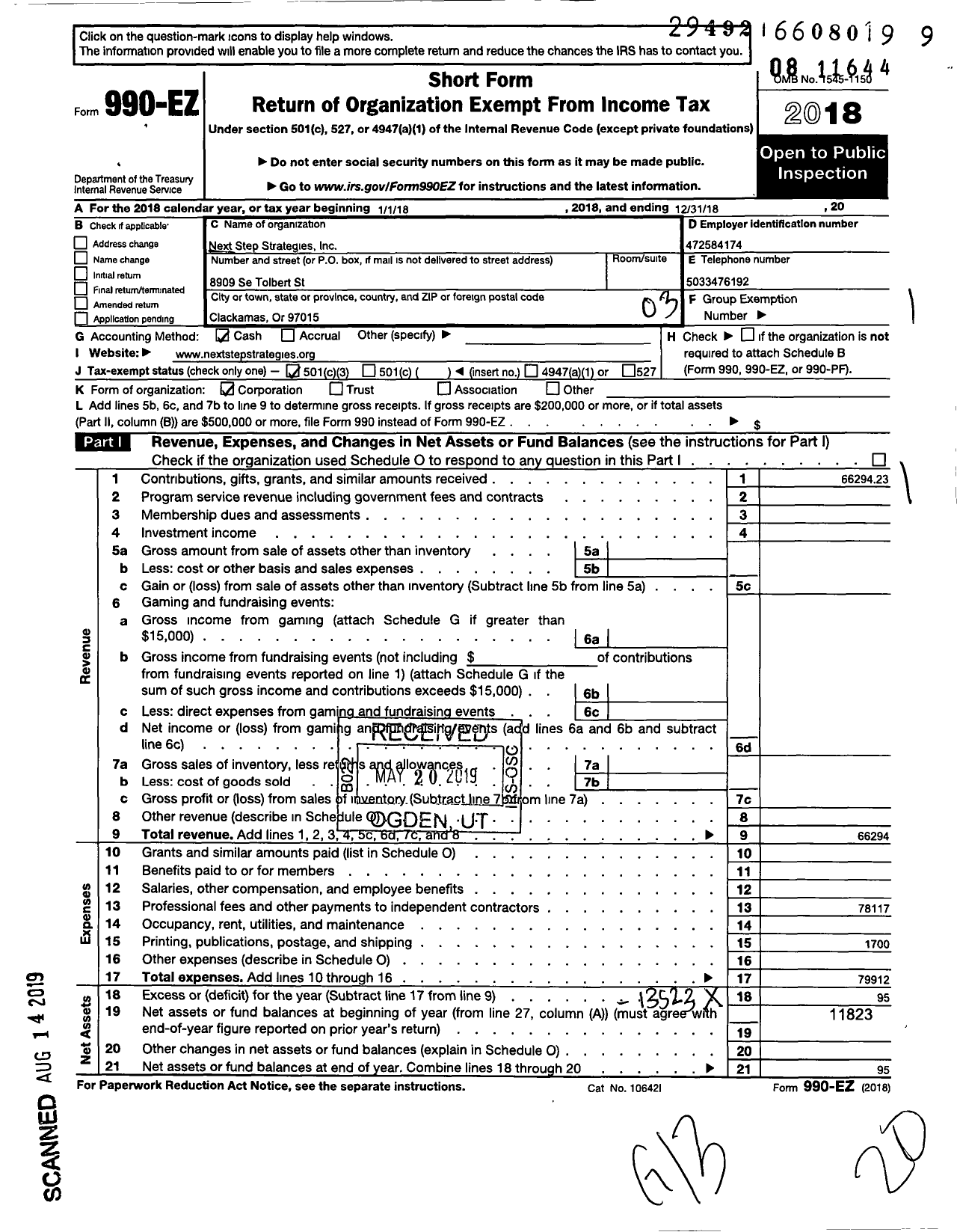 Image of first page of 2018 Form 990EZ for Next Step Strategies