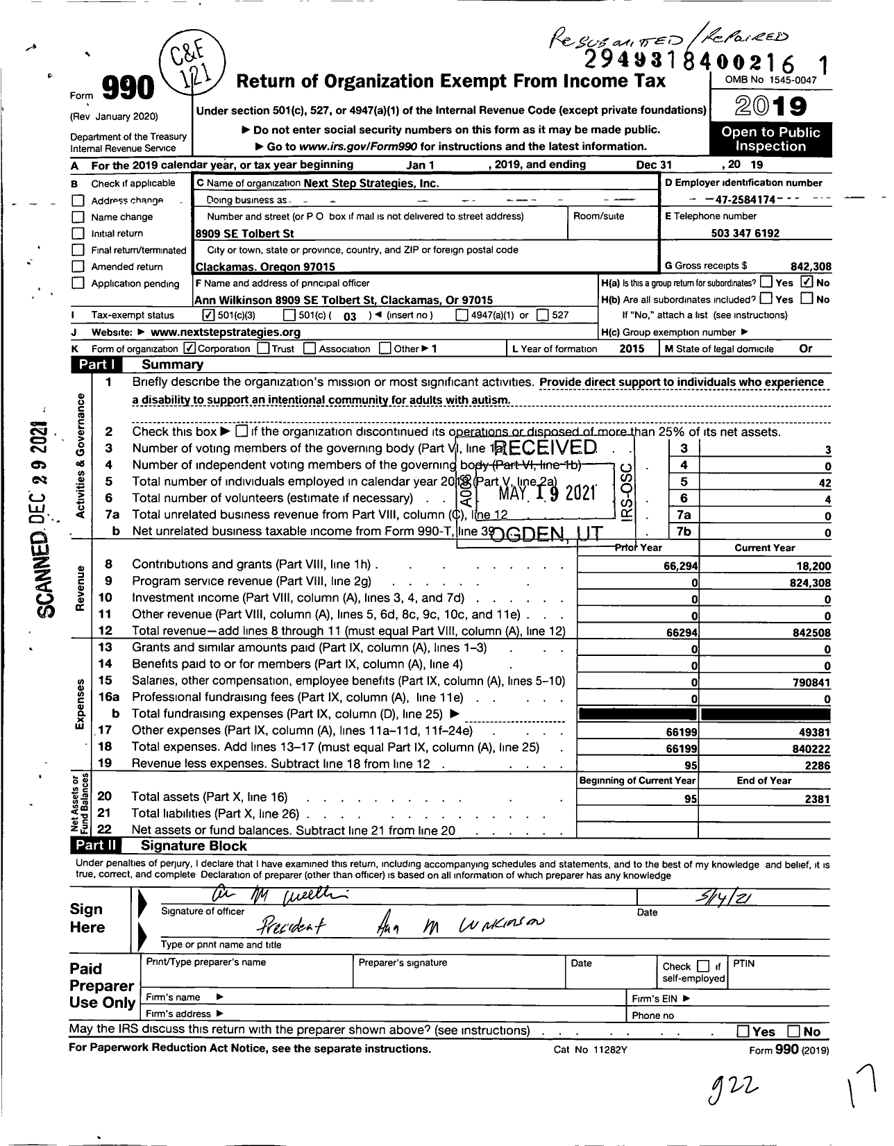 Image of first page of 2019 Form 990 for Next Step Strategies