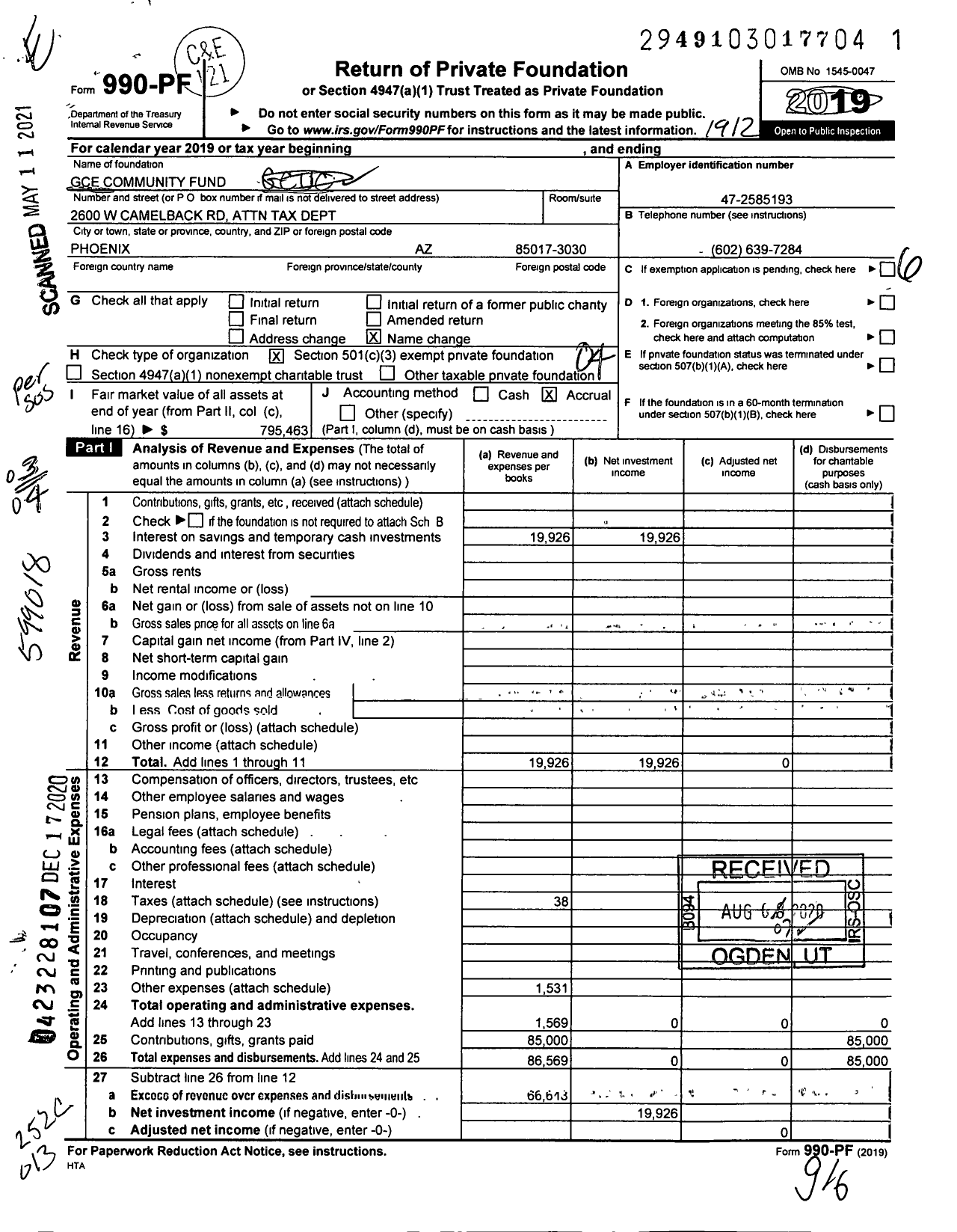 Image of first page of 2019 Form 990PF for Gce Community Fund