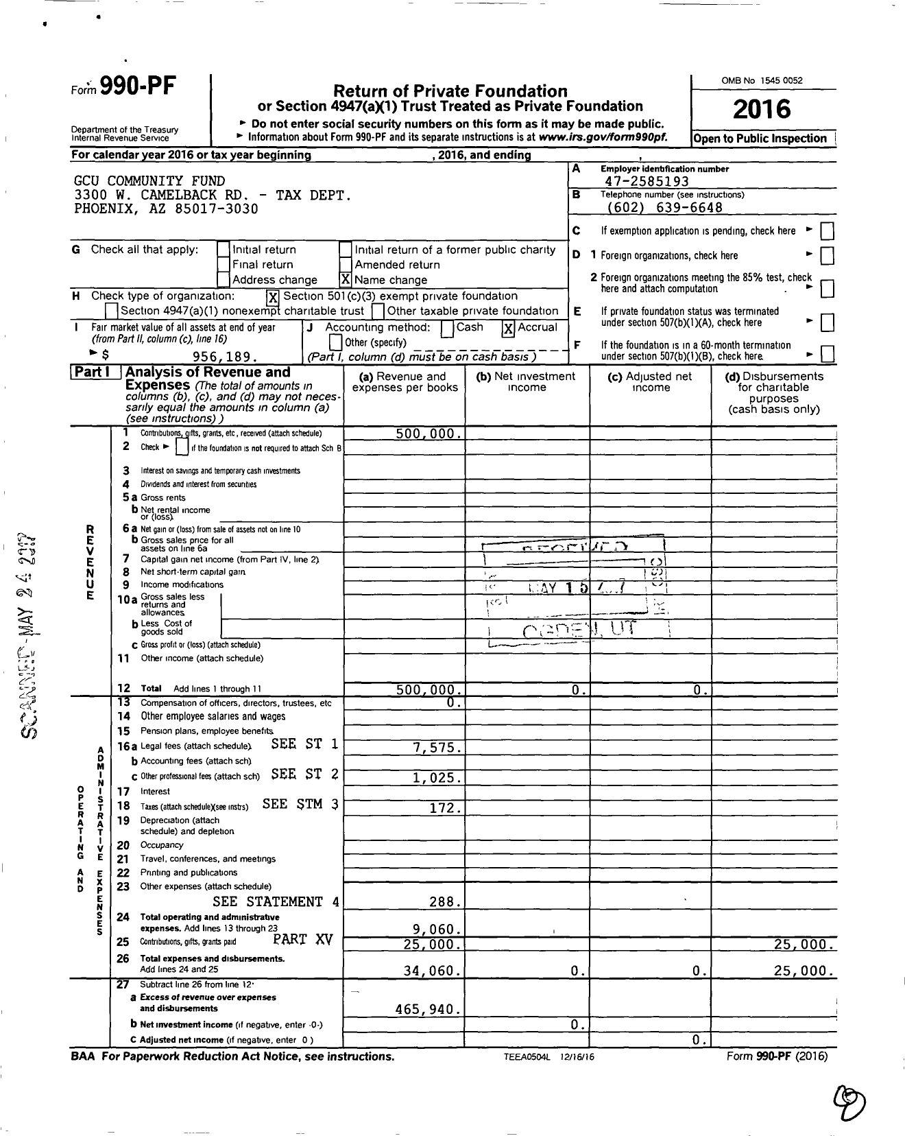 Image of first page of 2016 Form 990PF for Gce Community Fund