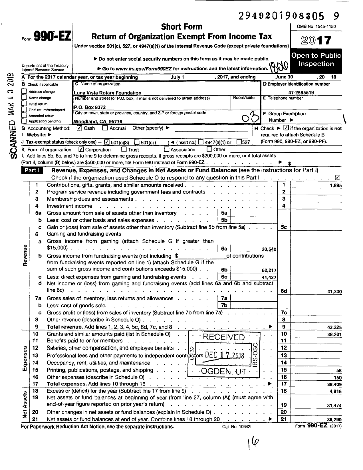 Image of first page of 2017 Form 990EZ for Luna Vista Rotary Foundation