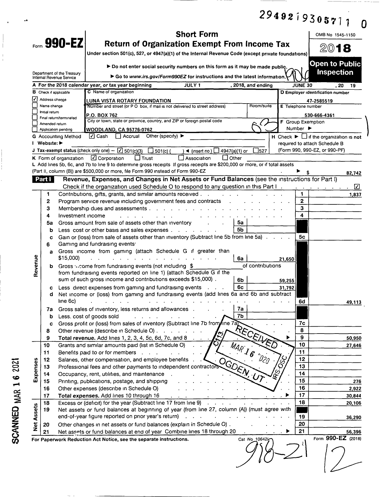 Image of first page of 2018 Form 990EZ for Luna Vista Rotary Foundation