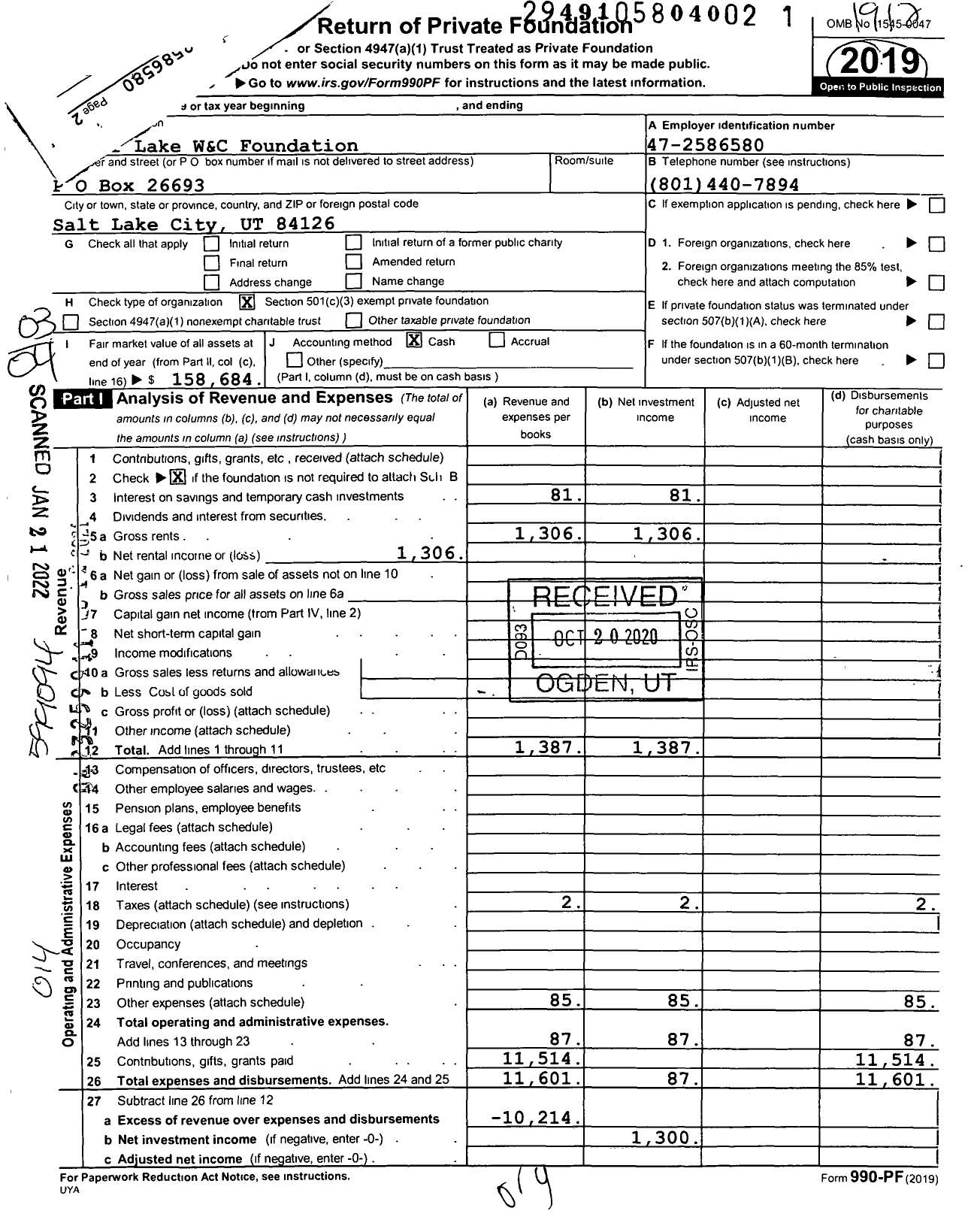 Image of first page of 2019 Form 990PF for Silver Lake W&C Foundation Silver Lake W&C Foundation