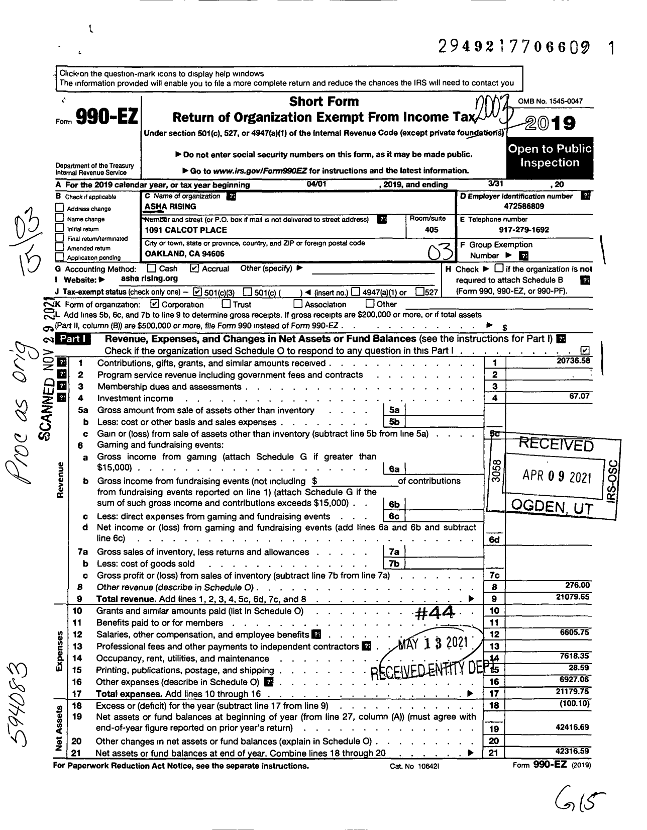 Image of first page of 2019 Form 990EZ for Asha Rising