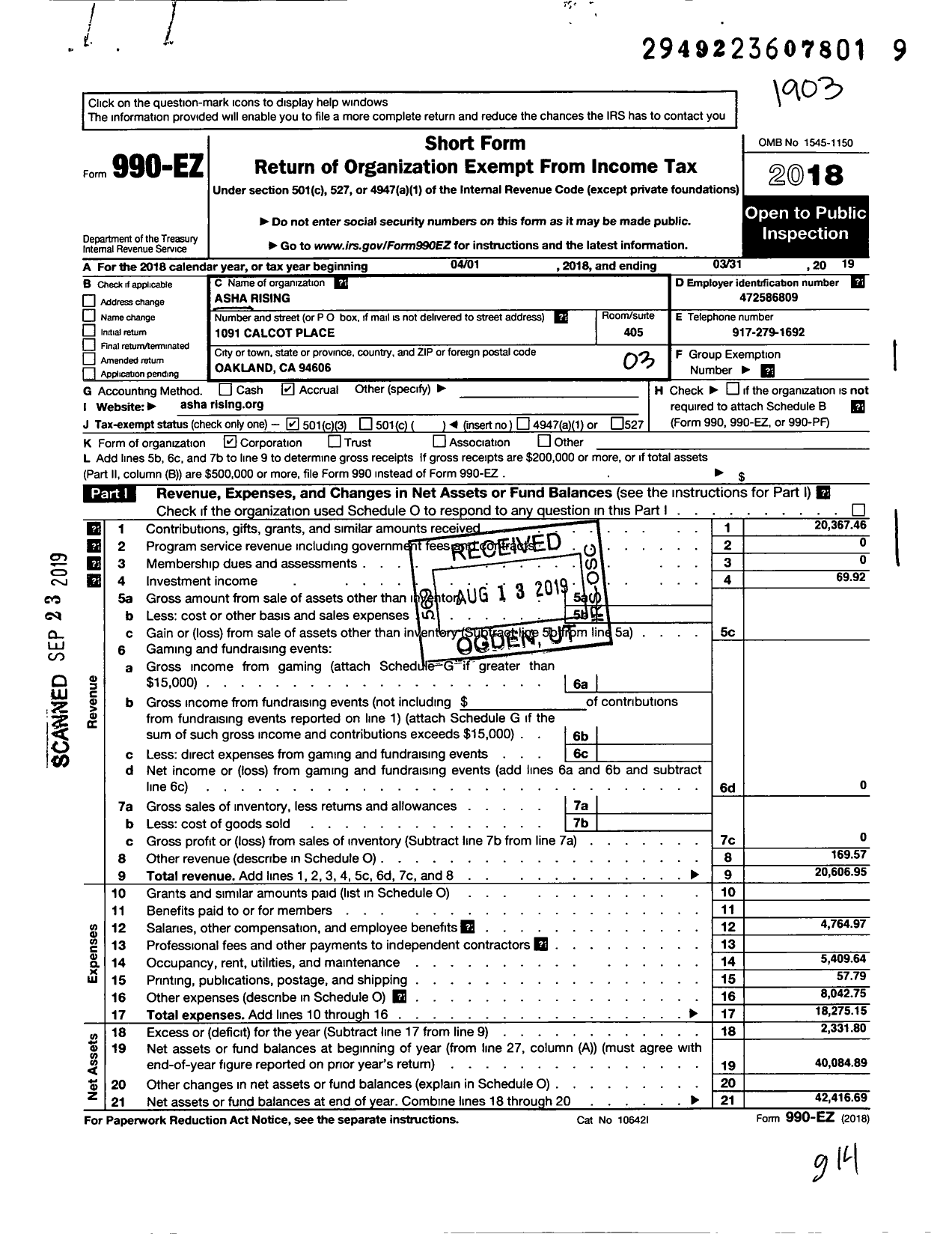 Image of first page of 2018 Form 990EZ for Asha Rising