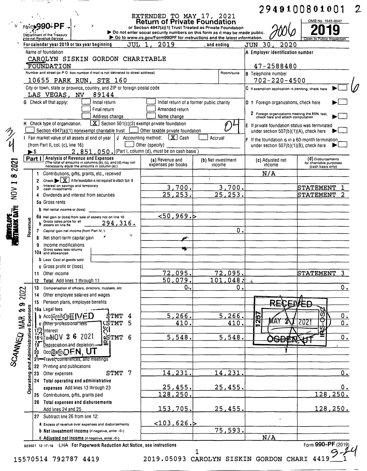 Image of first page of 2019 Form 990PF for The Gordon Foundation