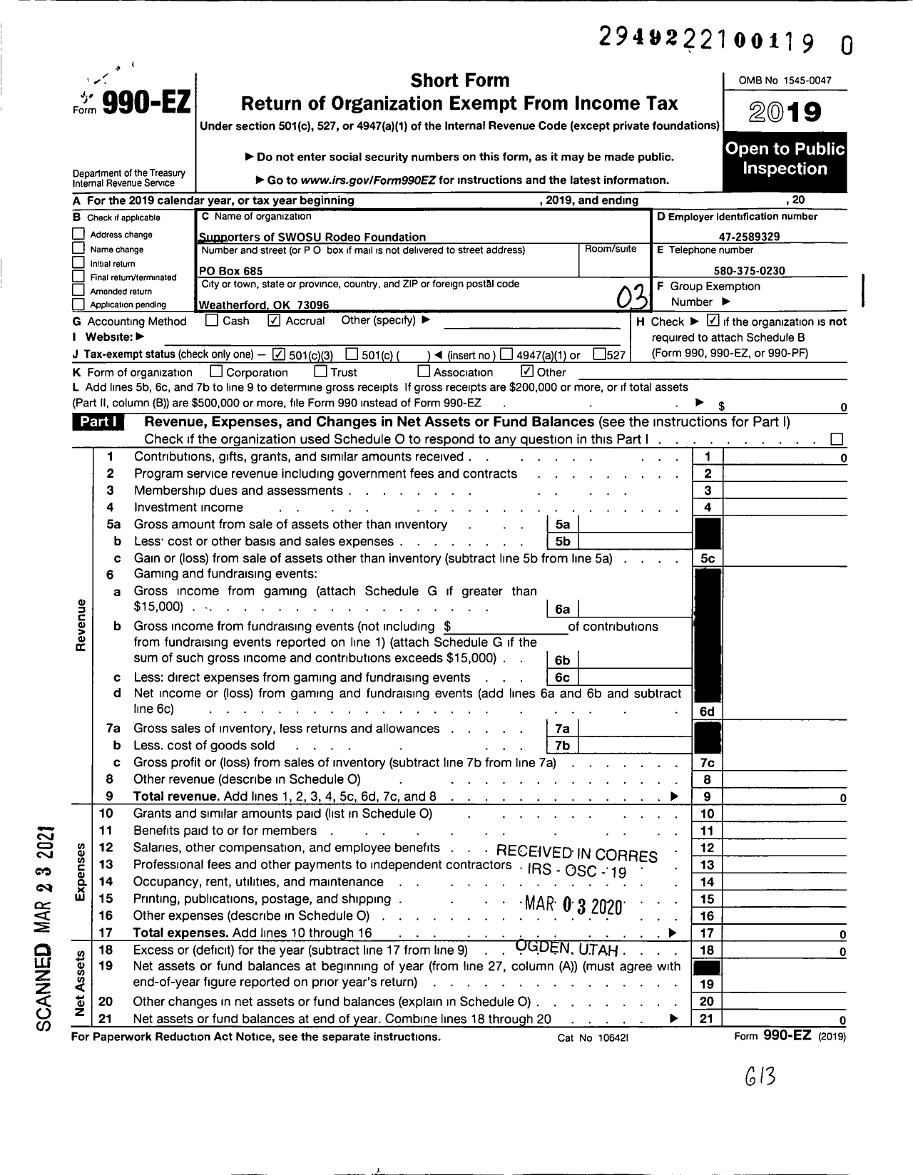 Image of first page of 2019 Form 990EZ for Supporters of SWOSU Rodeo Foundation