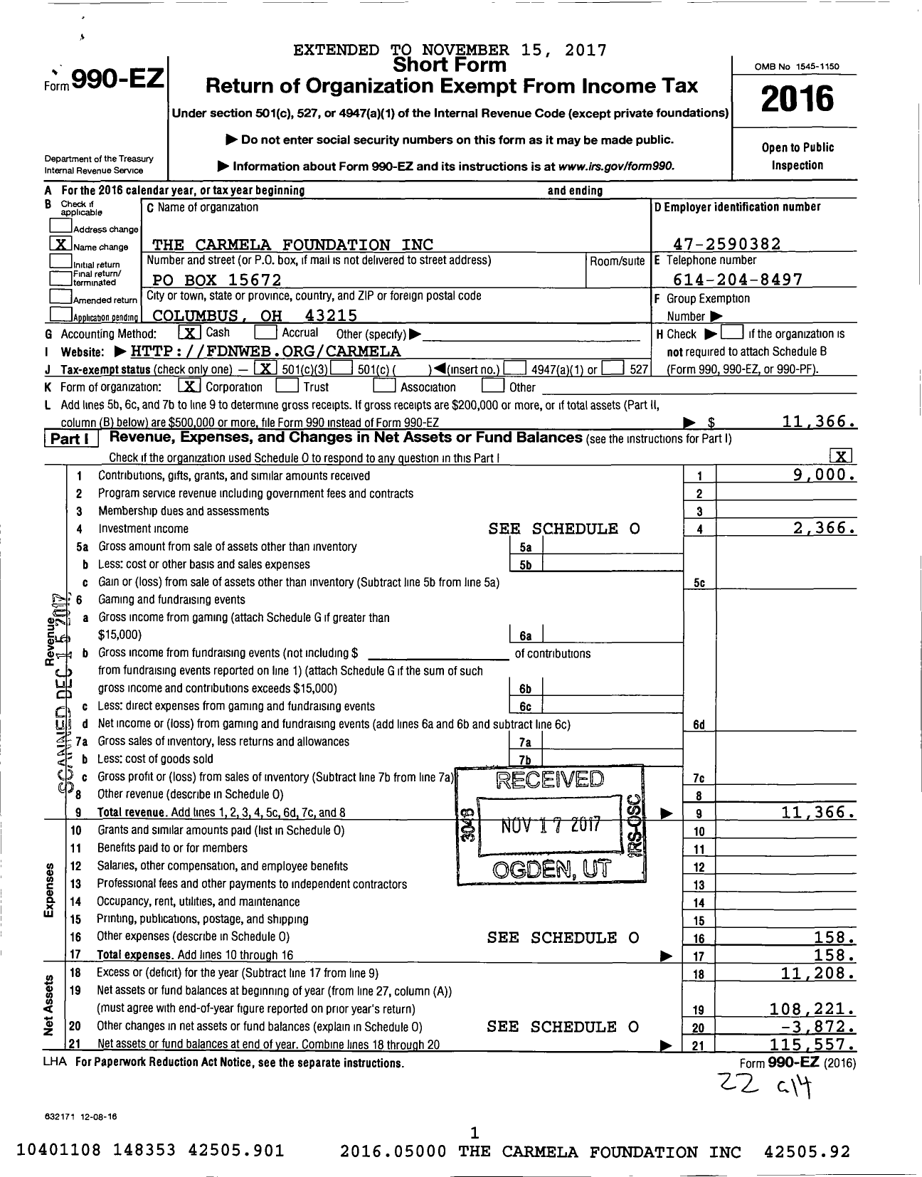 Image of first page of 2016 Form 990EZ for The Carmela Foundation