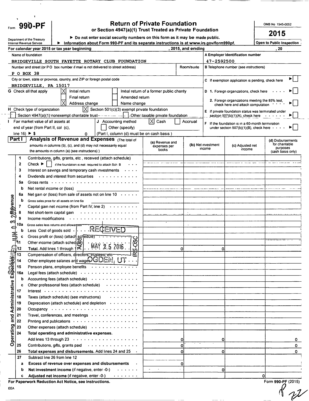 Image of first page of 2015 Form 990PF for Bridgeville South Fayette Rotary Club Foundation