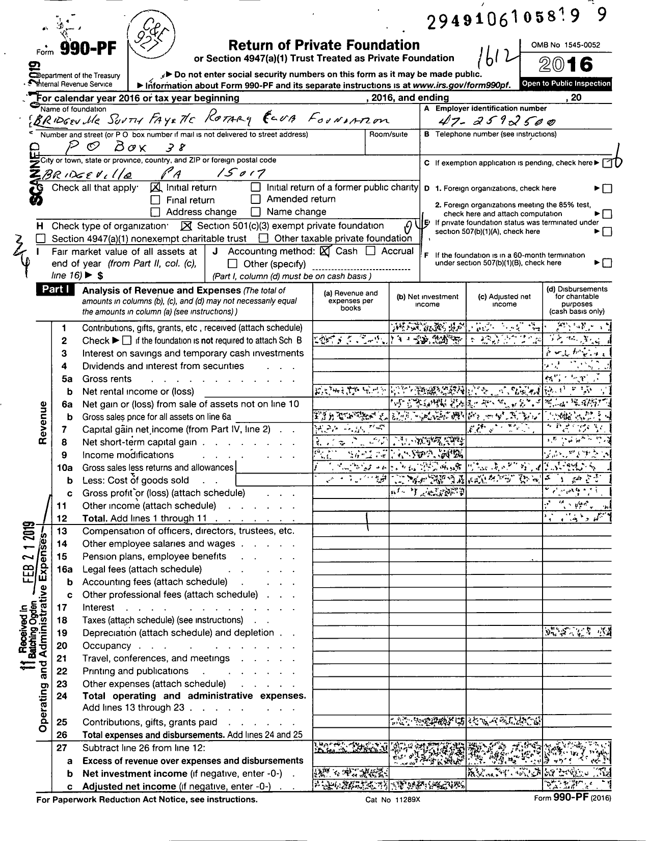 Image of first page of 2016 Form 990PF for Bridgeville South Fayette Rotary Club Foundation