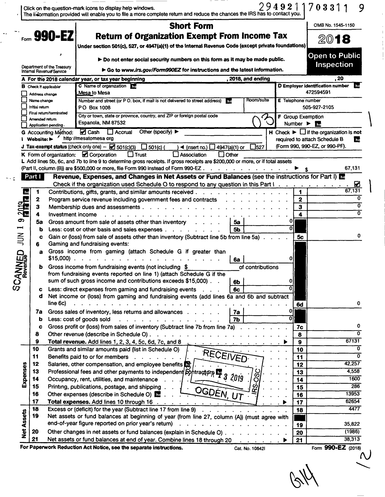 Image of first page of 2018 Form 990EZ for Mesa To Mesa