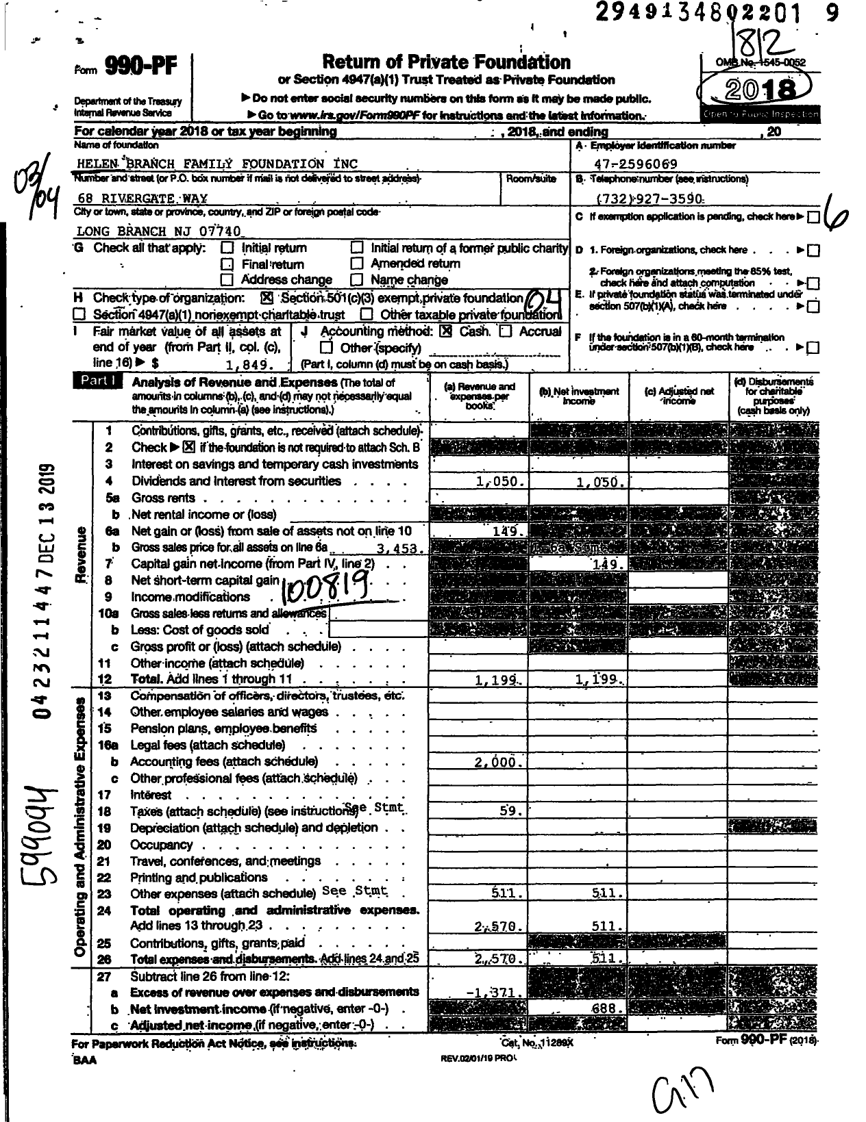 Image of first page of 2018 Form 990PF for Helen Branch Family Foundation