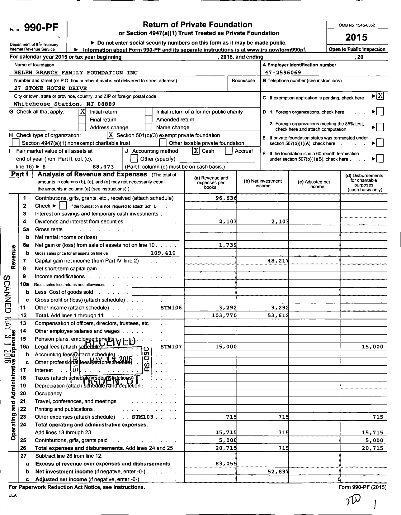 Image of first page of 2015 Form 990PF for Helen Branch Family Foundation