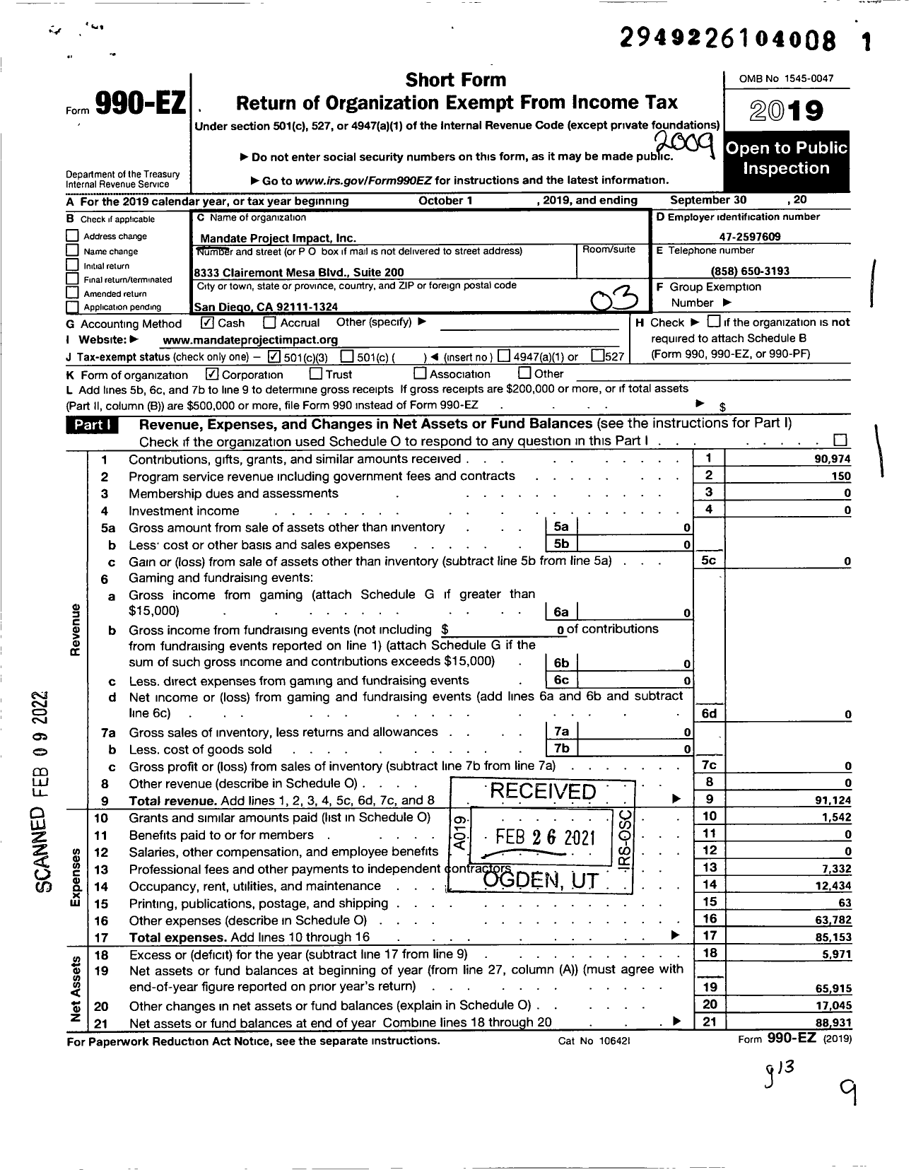 Image of first page of 2019 Form 990EZ for Mandate Project Impact