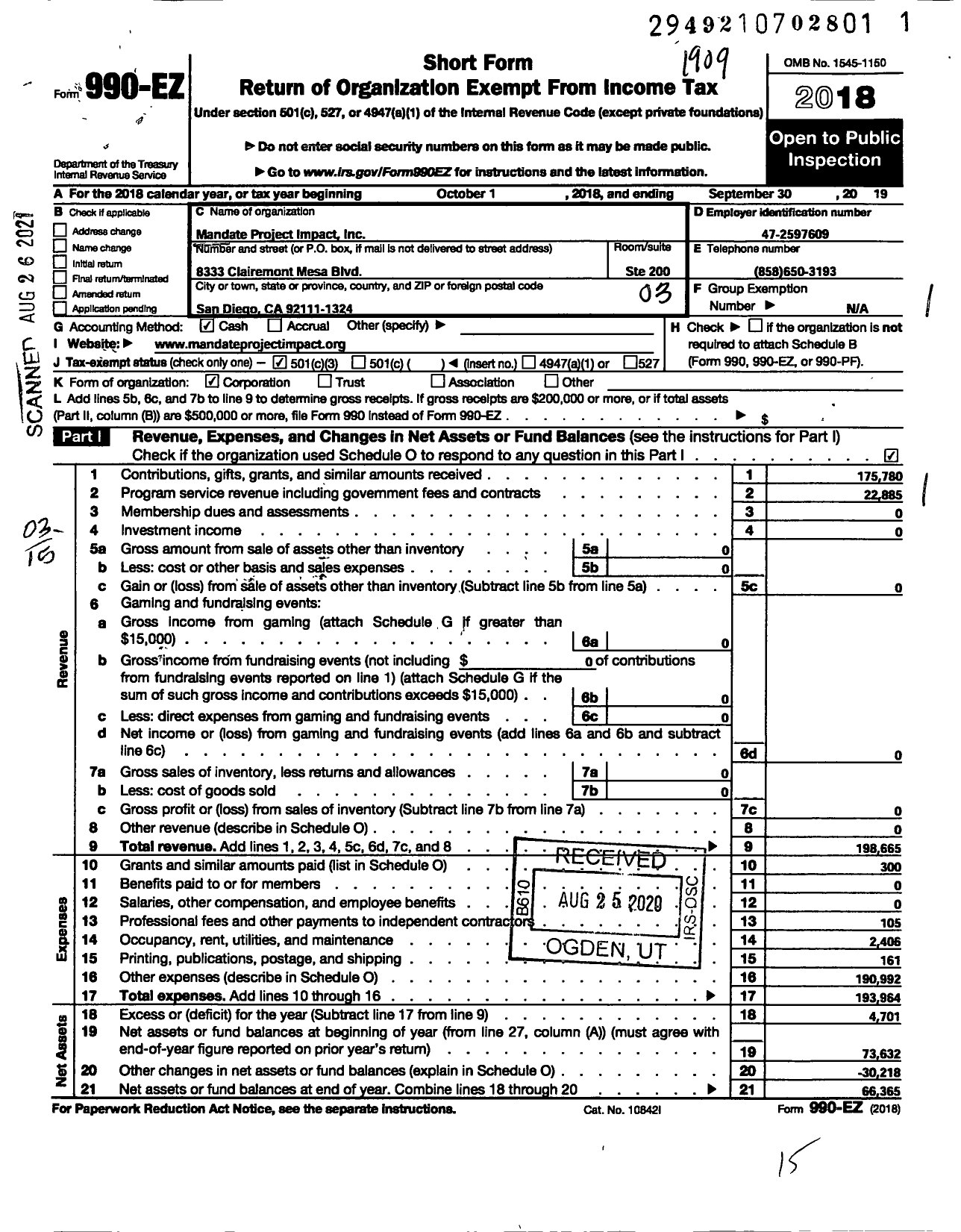 Image of first page of 2018 Form 990EZ for Mandate Project Impact