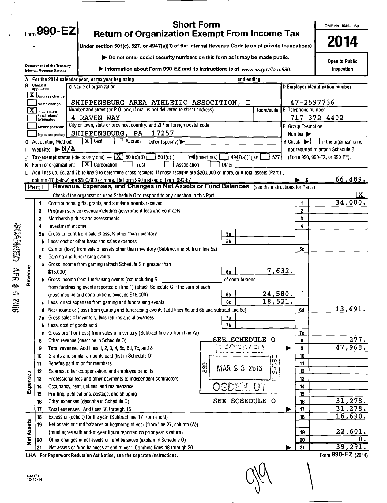 Image of first page of 2014 Form 990EZ for Shippensburg Area Athletic Association