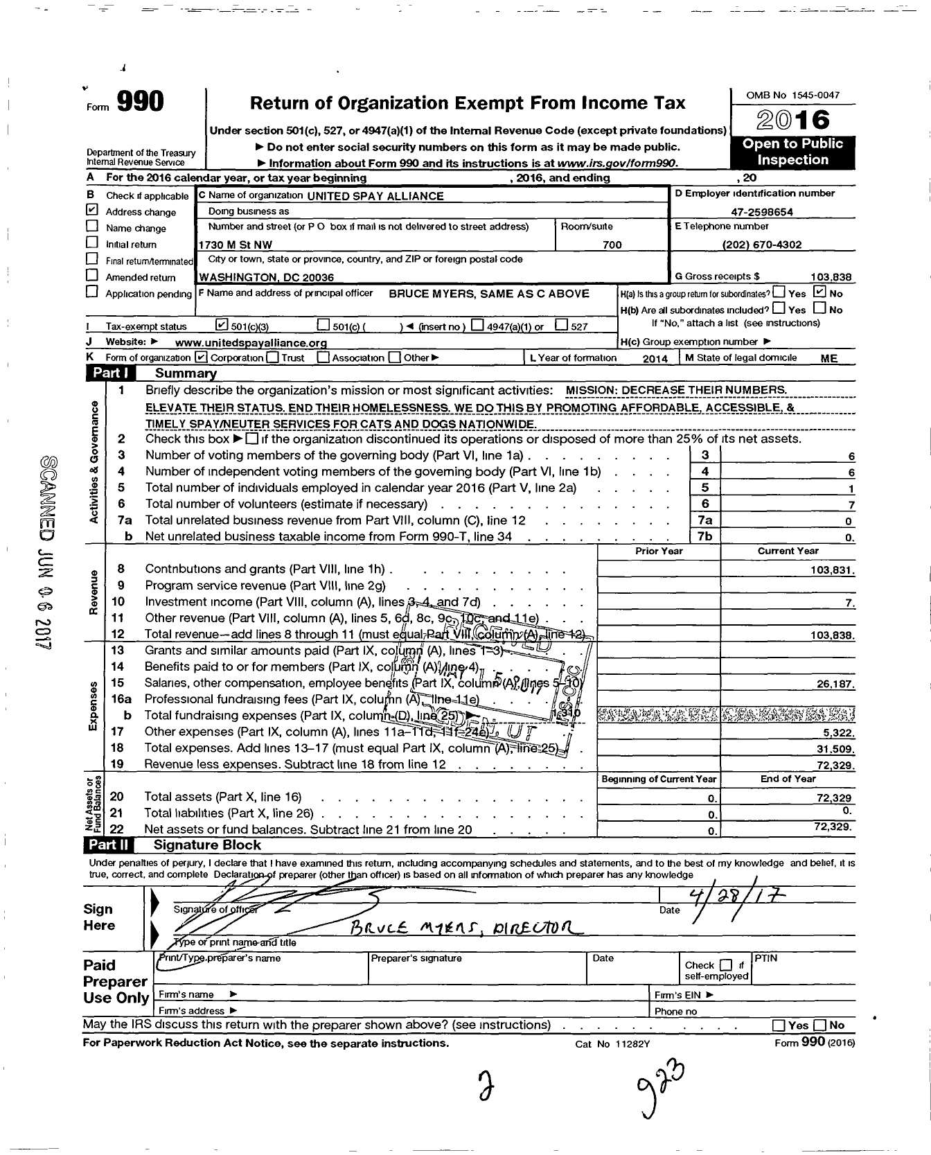 Image of first page of 2016 Form 990 for United Spay Alliance