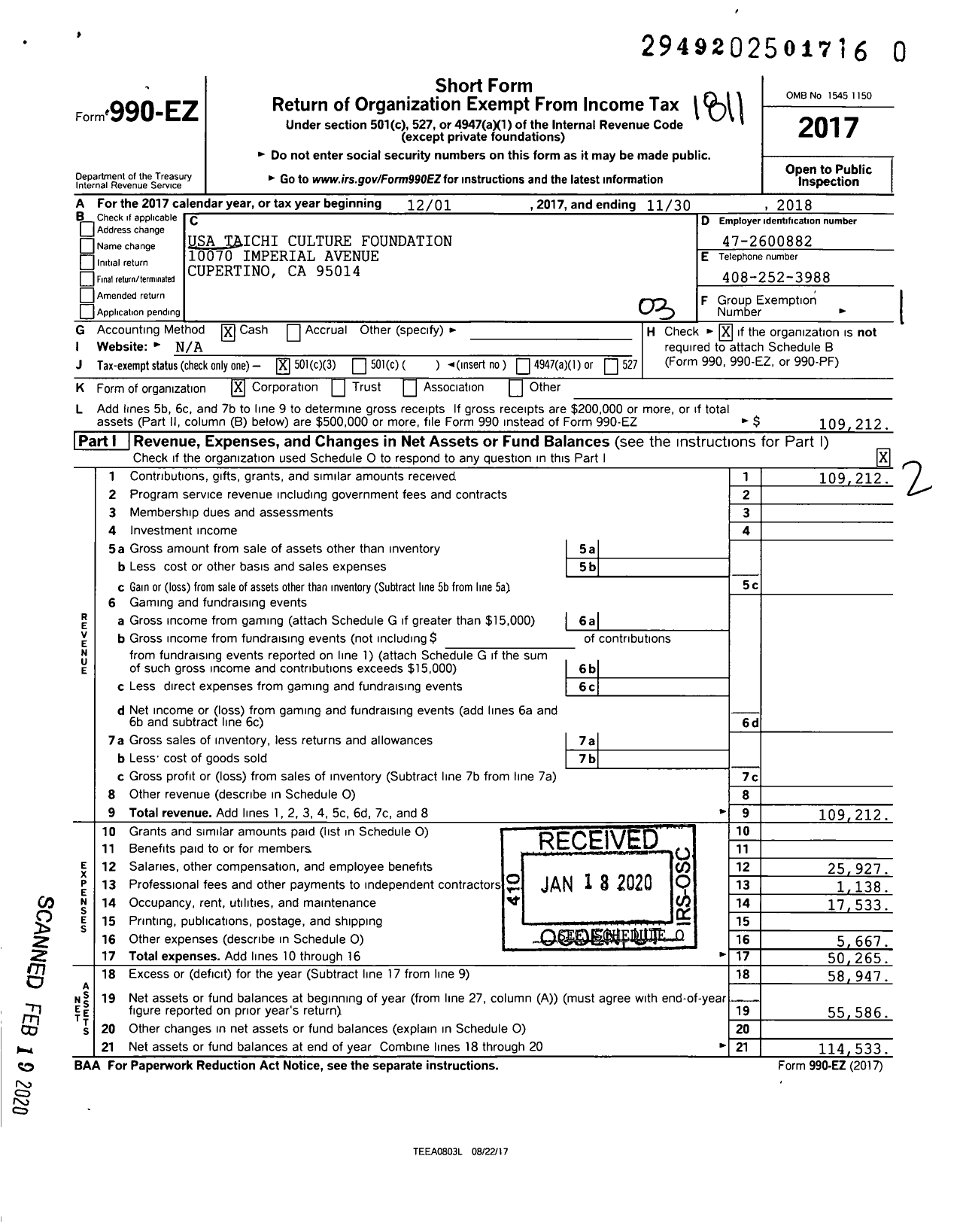 Image of first page of 2017 Form 990EZ for USA Taichi Culture Foundation