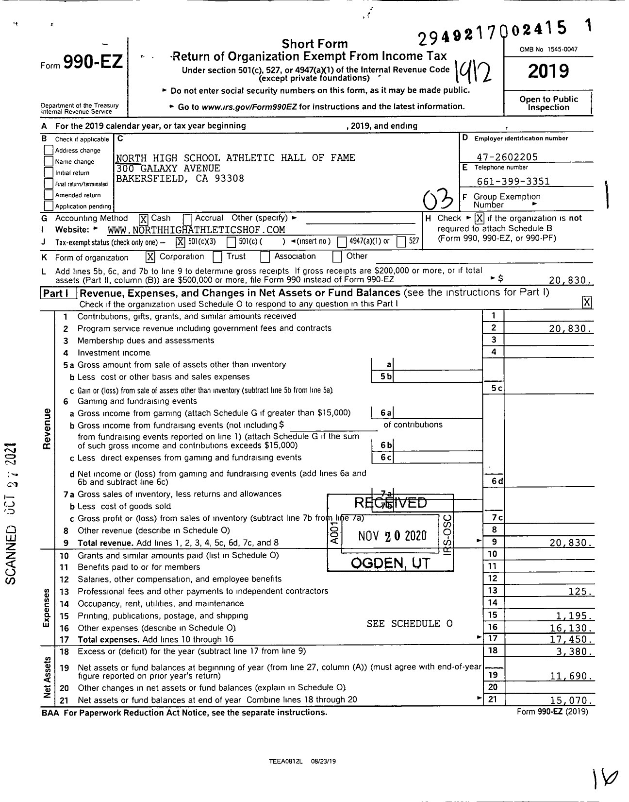 Image of first page of 2019 Form 990EZ for North High School Athletic Hall of Fame