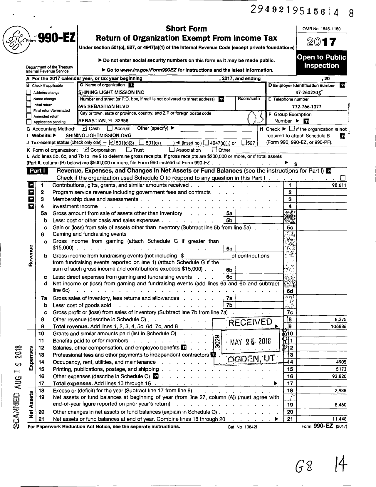 Image of first page of 2017 Form 990EZ for Shining Light Mission