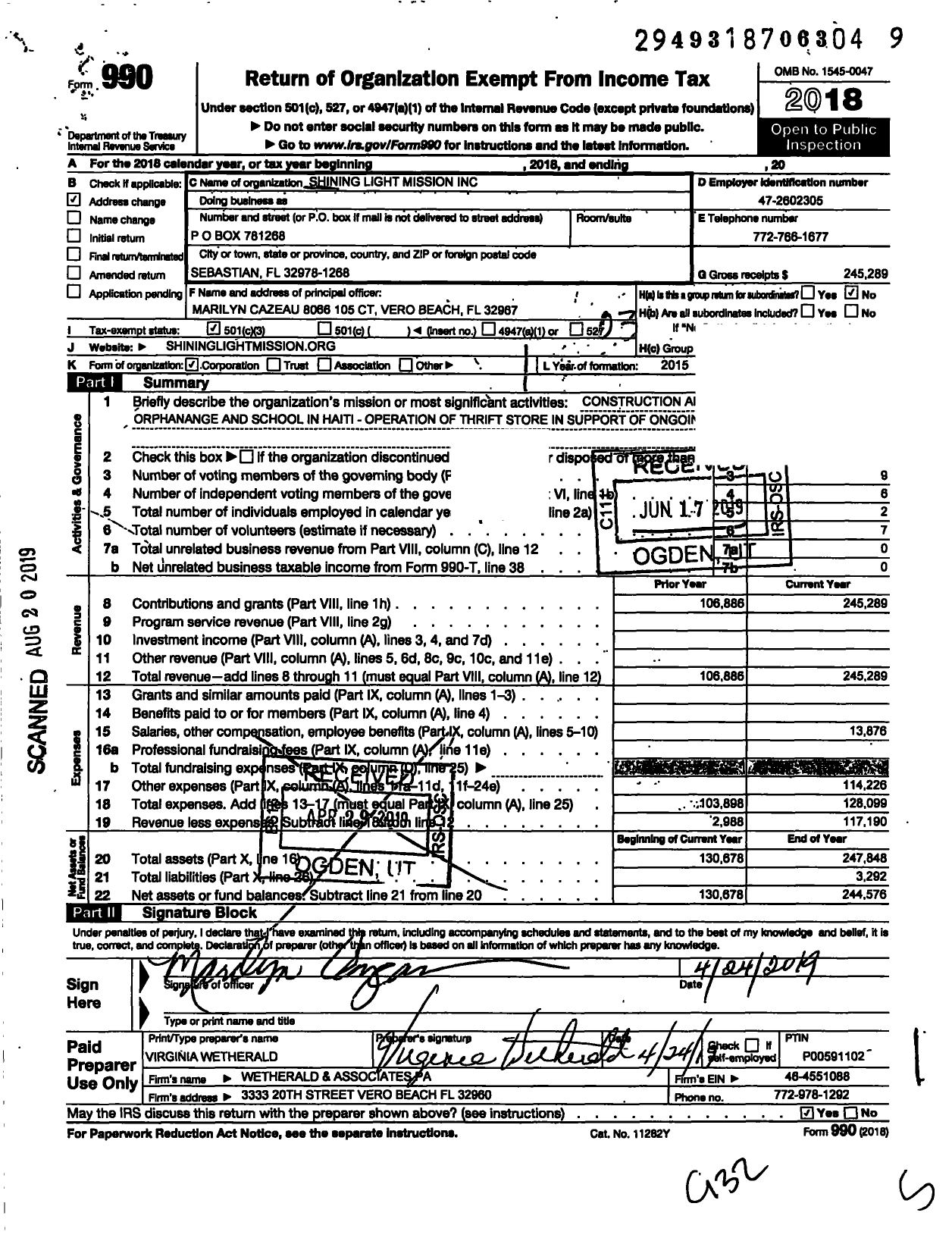 Image of first page of 2018 Form 990 for Shining Light Mission