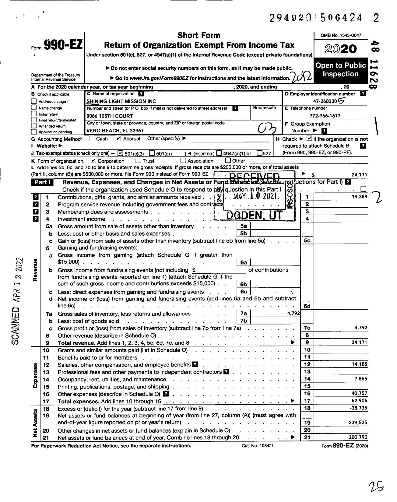 Image of first page of 2020 Form 990EZ for Shining Light Mission