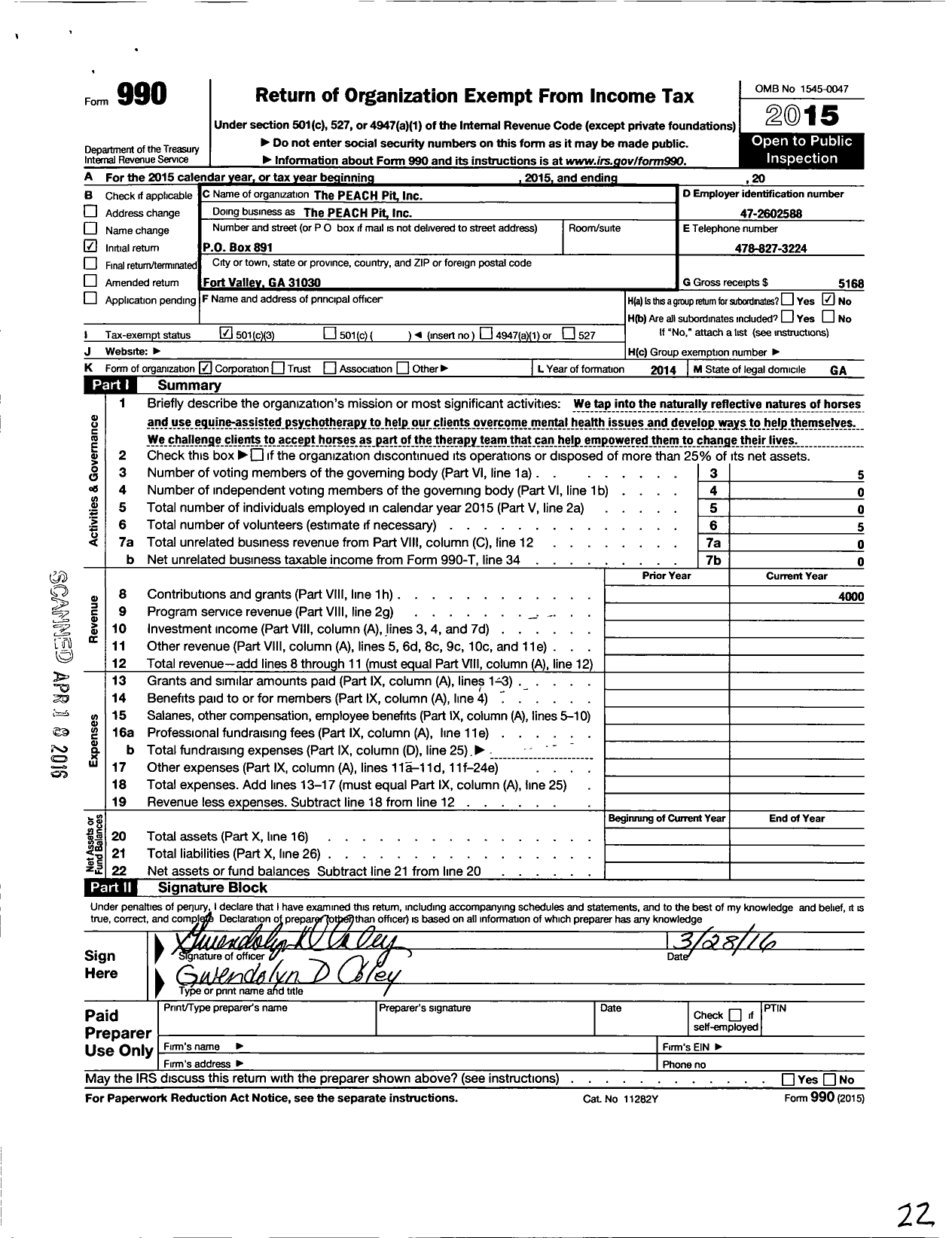 Image of first page of 2015 Form 990 for Peach Pit