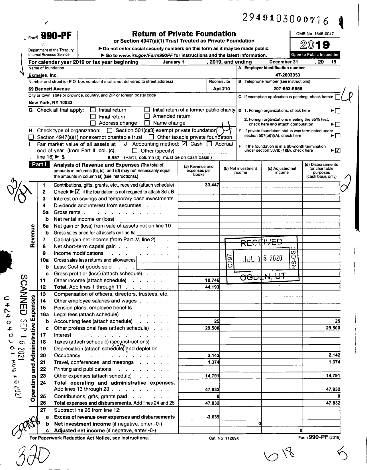 Image of first page of 2019 Form 990PF for Ekmeles