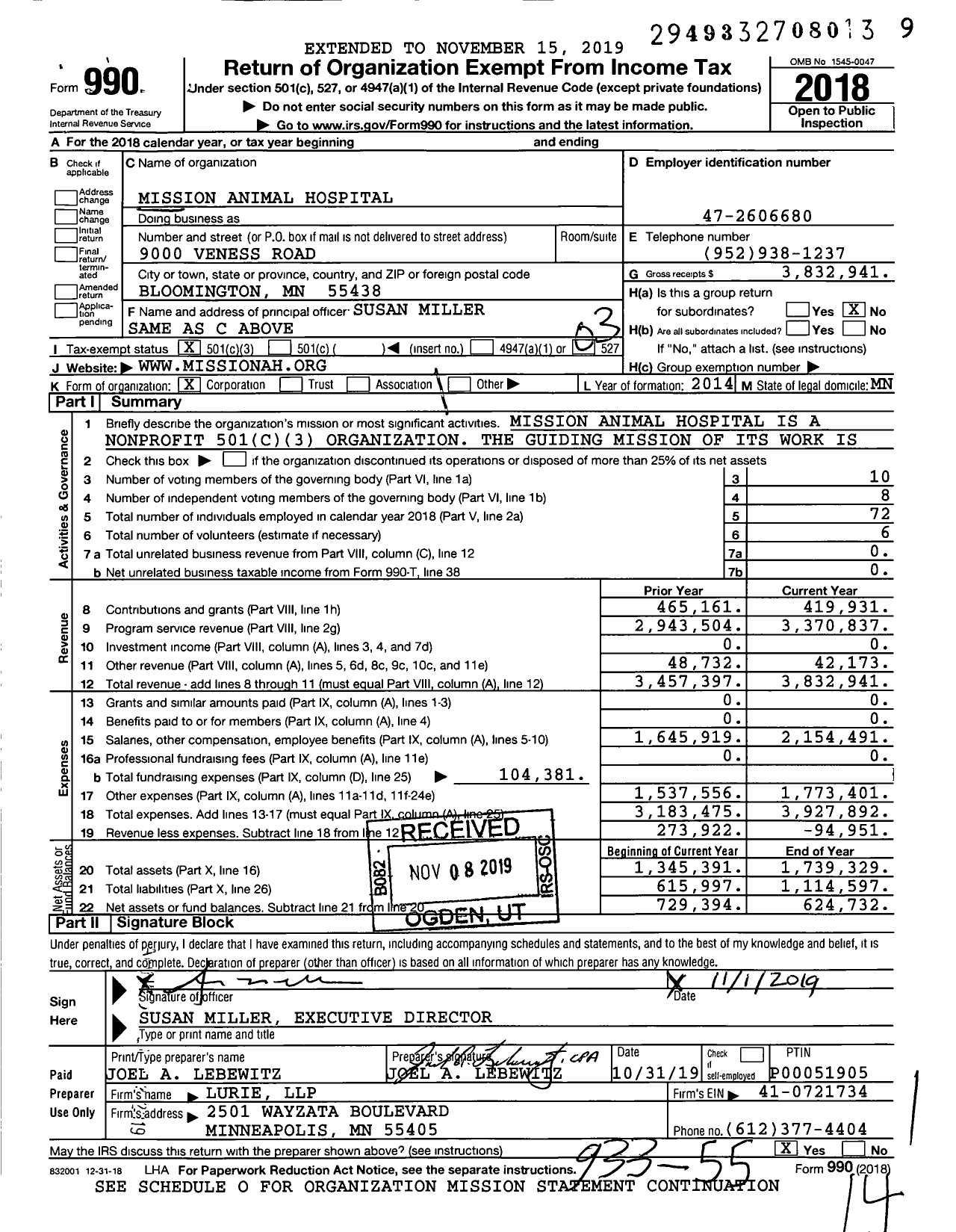 Image of first page of 2018 Form 990 for Mission Animal Hospital