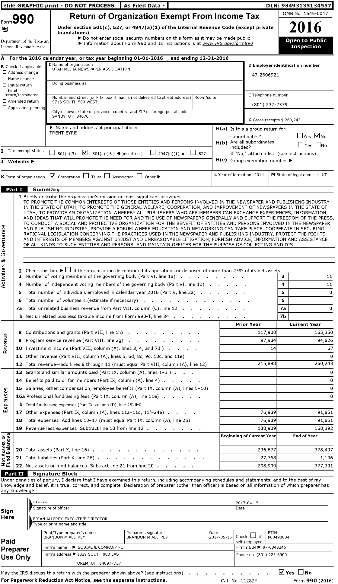 Image of first page of 2016 Form 990O for Utah Media Newspaper Association