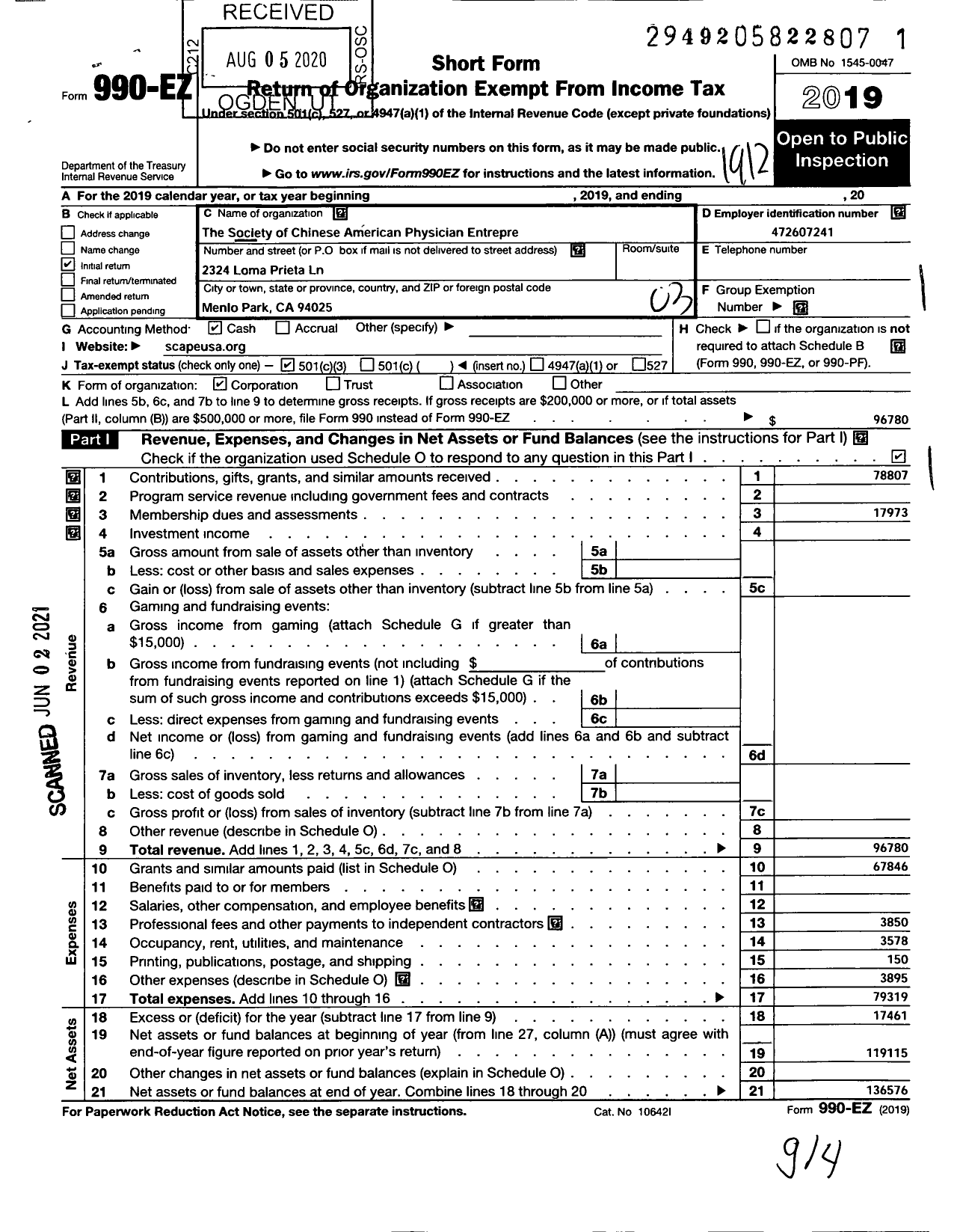 Image of first page of 2019 Form 990EZ for Society of Chinese American Physician Entrepreneurs