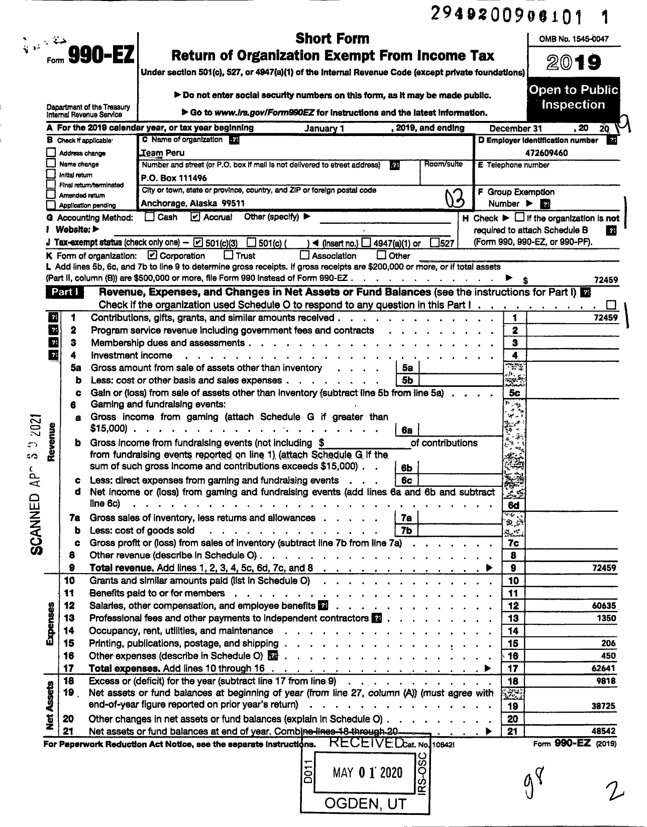 Image of first page of 2019 Form 990EZ for Team Peru