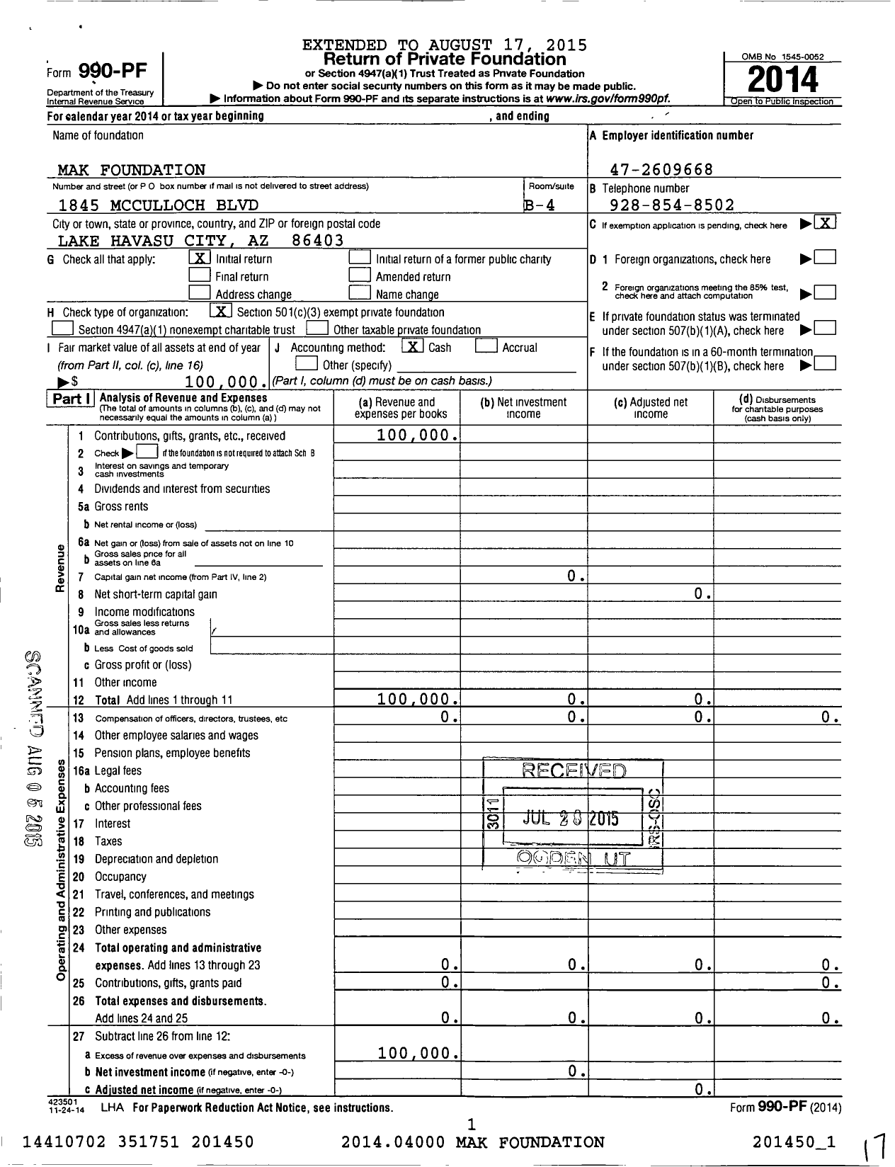Image of first page of 2014 Form 990PF for Mak Foundation