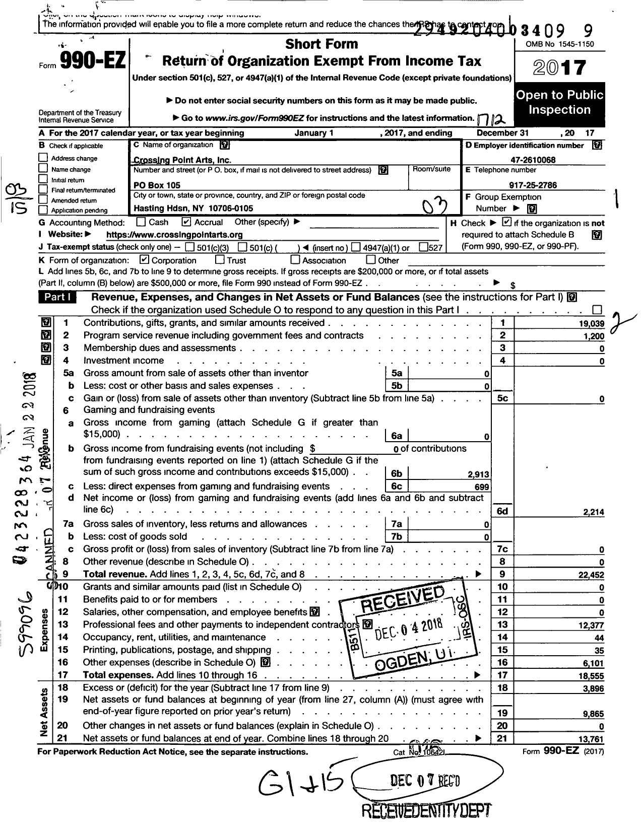 Image of first page of 2017 Form 990EZ for Crossing Point Arts