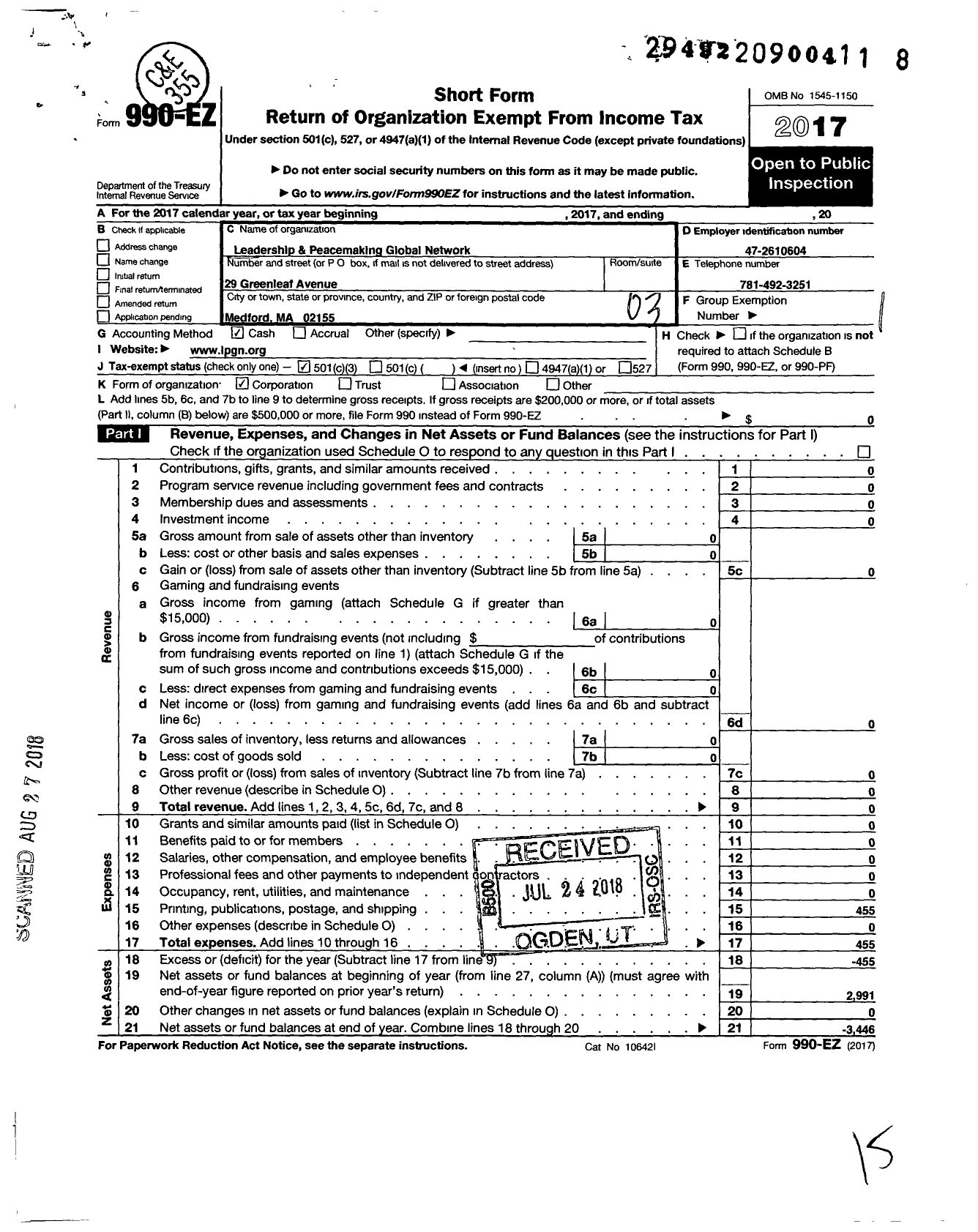 Image of first page of 2017 Form 990EZ for Leadership and Peacemaking Global Network