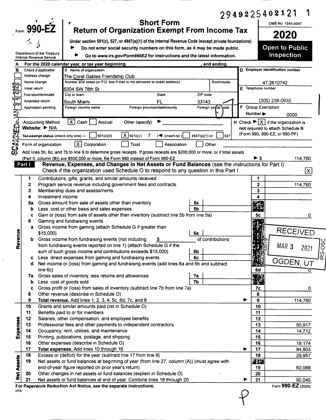 Image of first page of 2020 Form 990EO for Friendship Bridge Club