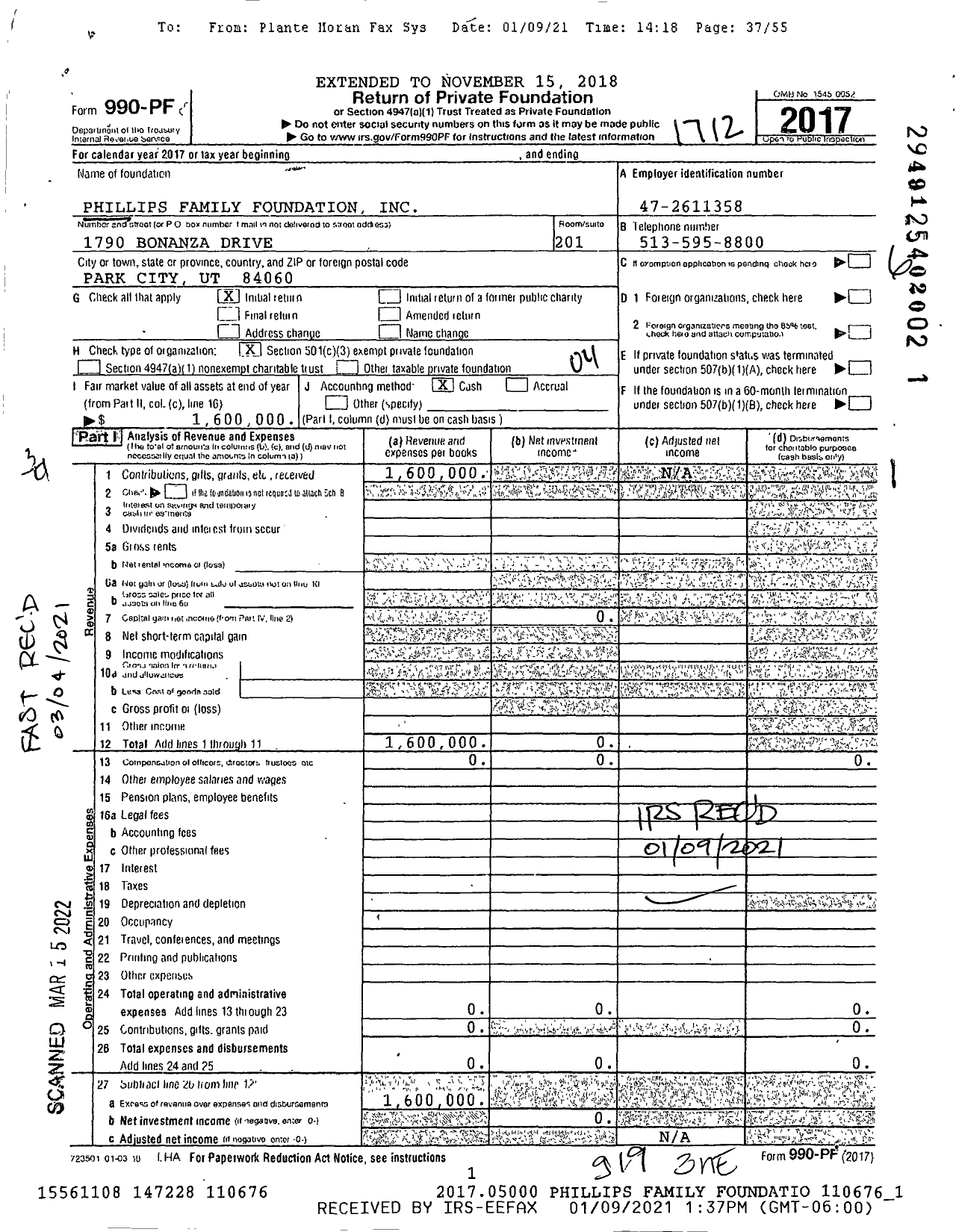 Image of first page of 2017 Form 990PF for Phillips Family Foundation