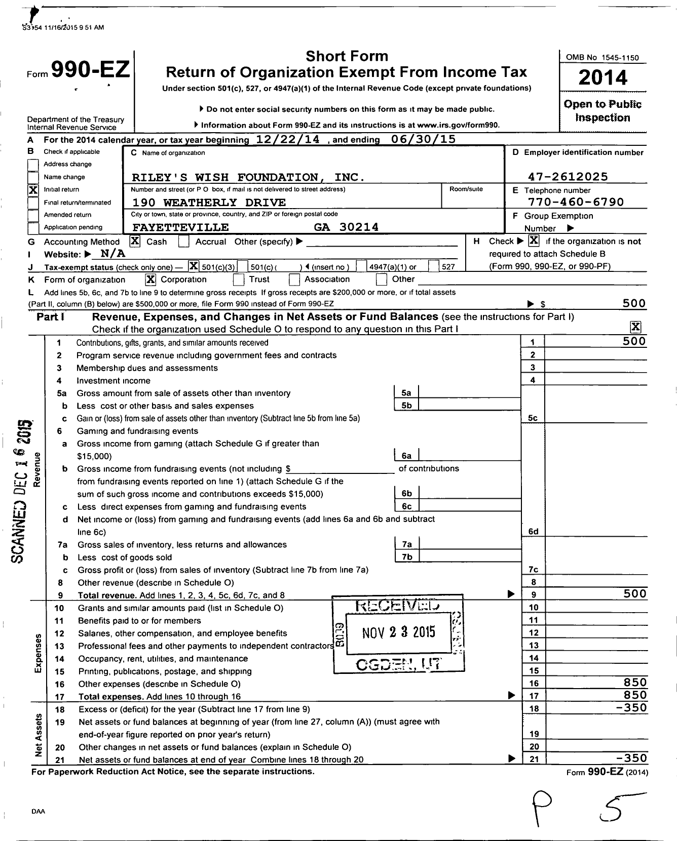 Image of first page of 2014 Form 990EZ for Riley's Wish Foundation