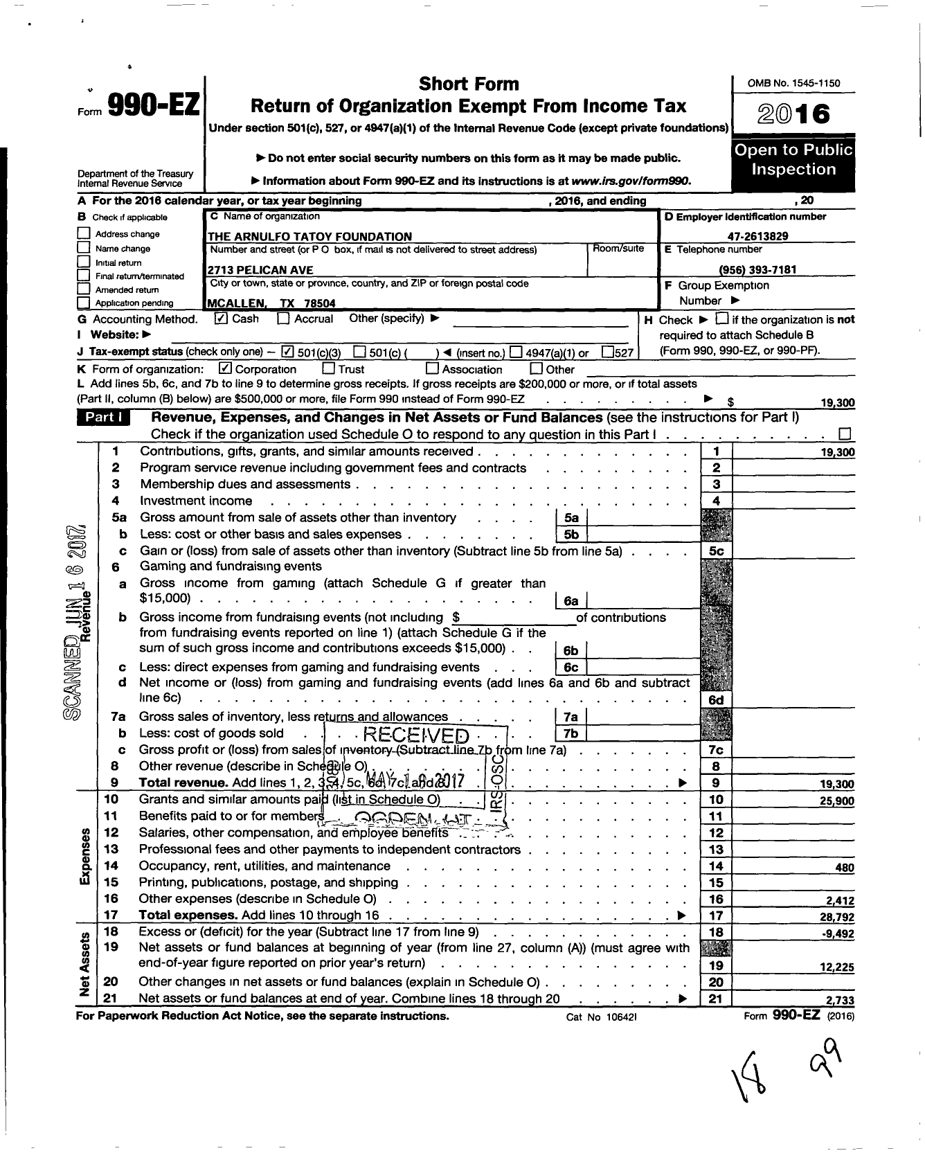 Image of first page of 2016 Form 990EZ for Arnulfo Tatoy Foundation