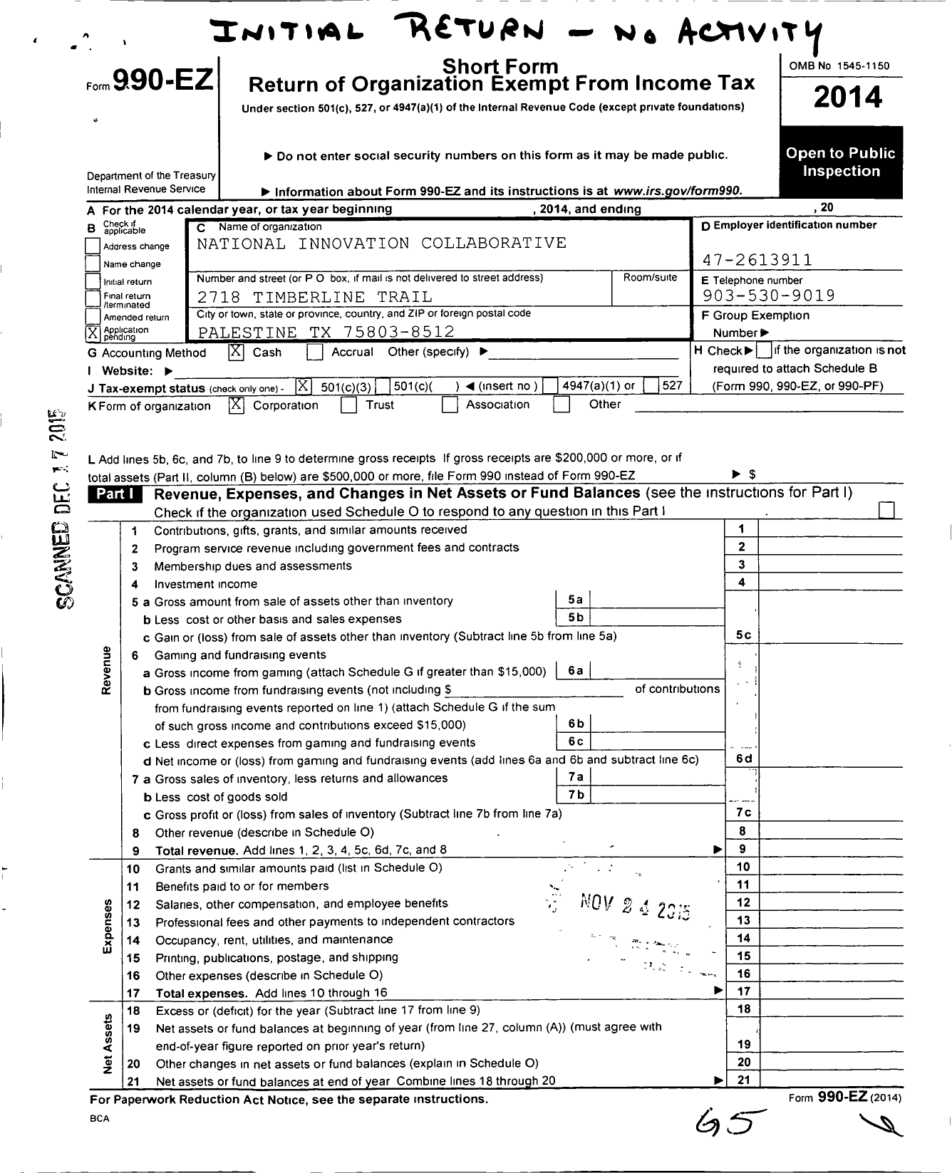 Image of first page of 2014 Form 990EZ for National Innovation Collaborative