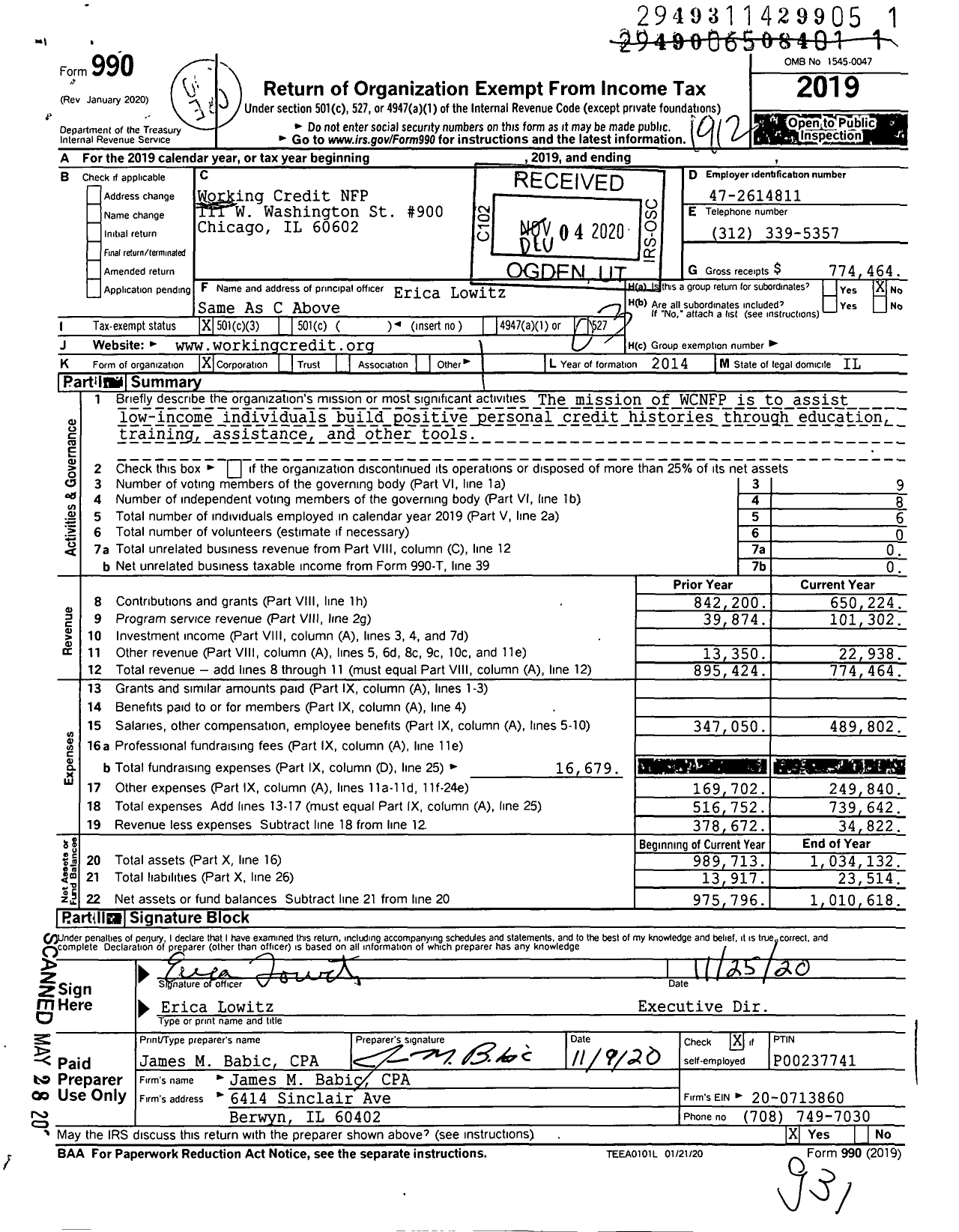 Image of first page of 2019 Form 990 for Working Credit NFP