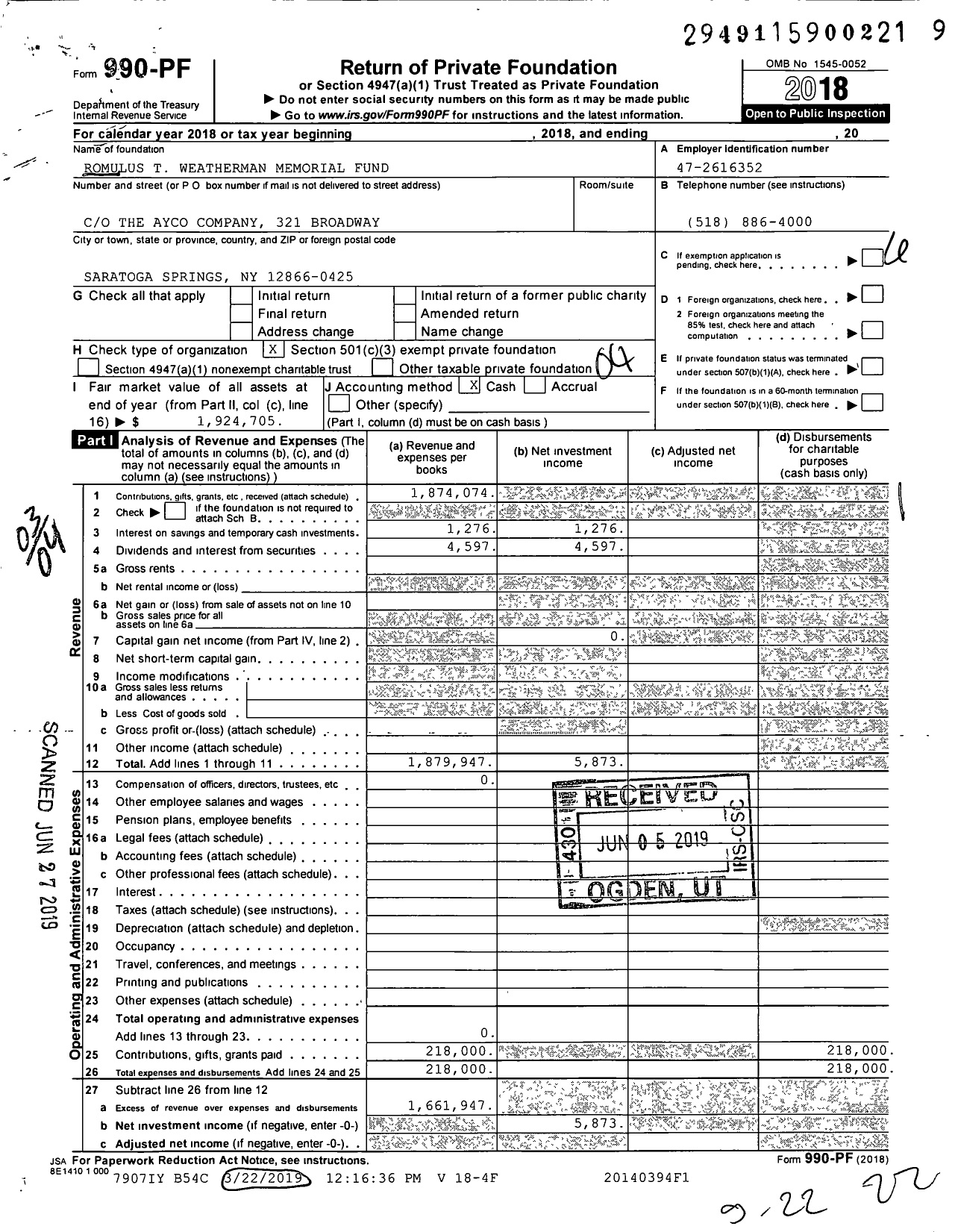 Image of first page of 2018 Form 990PF for Romulus T Weatherman Memorial Fund