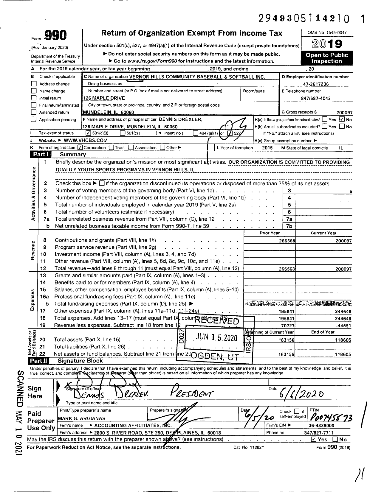 Image of first page of 2019 Form 990 for Vernon Hills Community Baseball and Softball