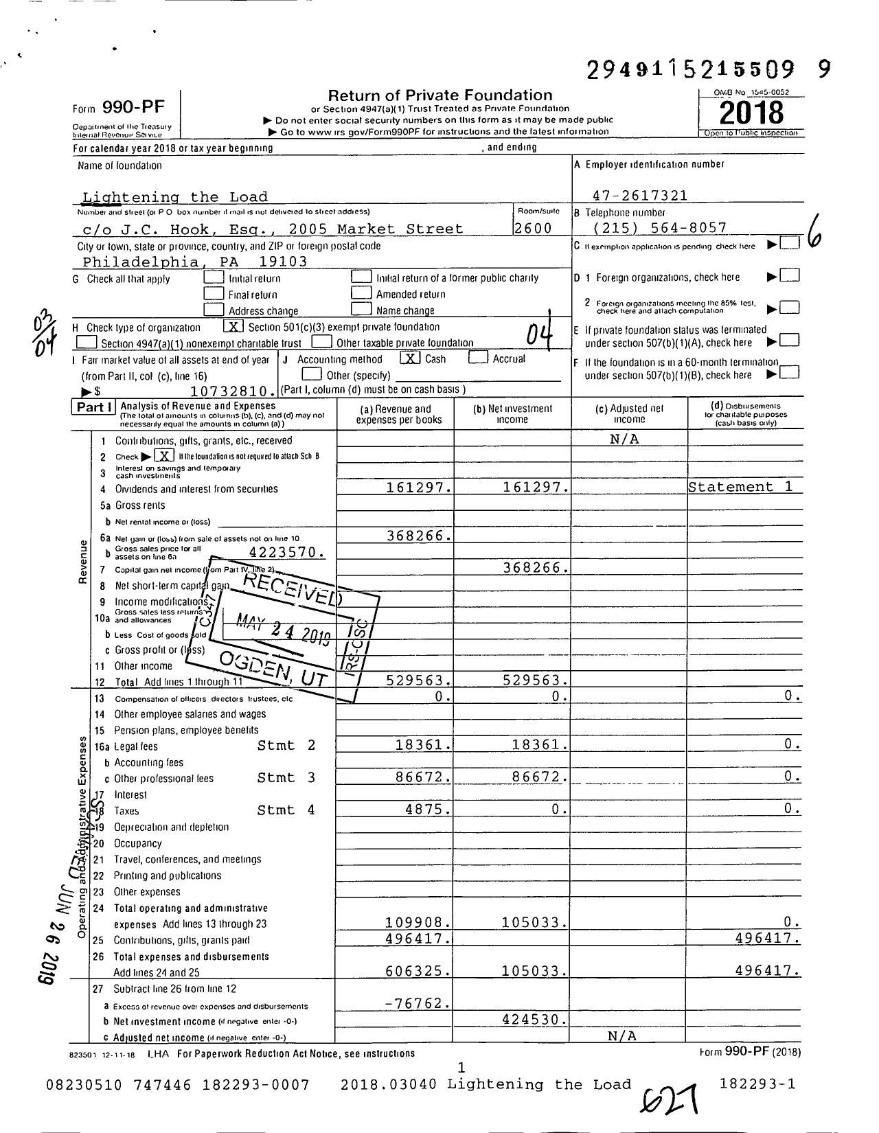 Image of first page of 2018 Form 990PF for Lightening the Load