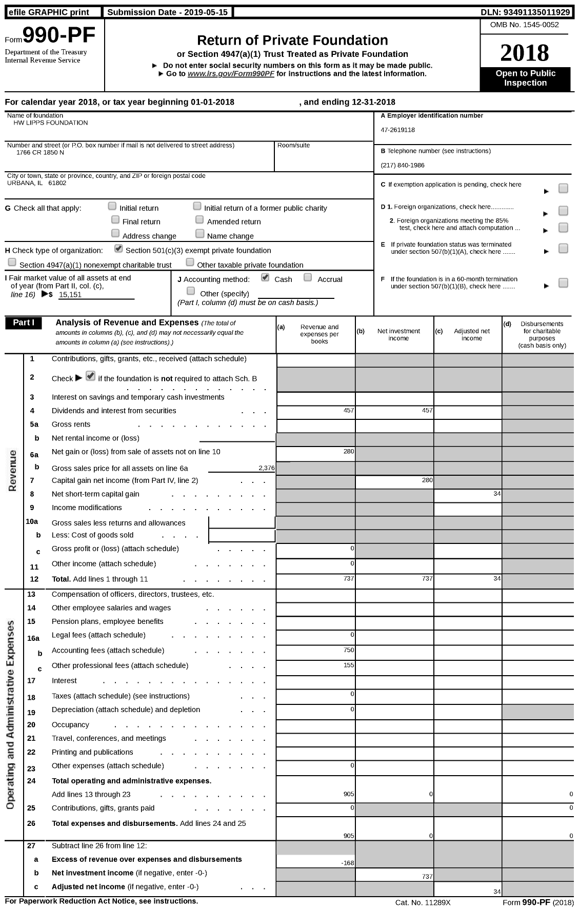 Image of first page of 2018 Form 990PF for HW Lipps Foundation