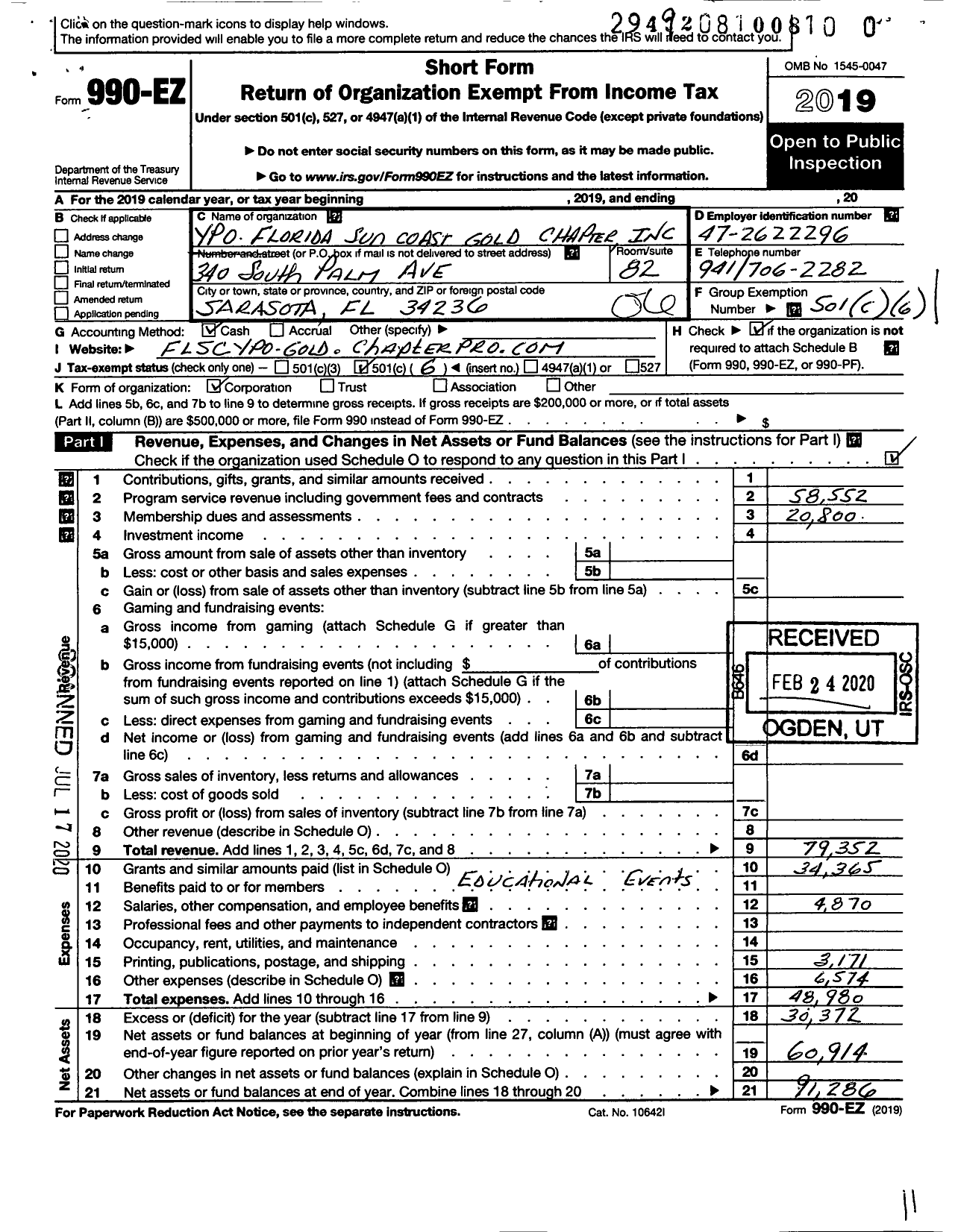 Image of first page of 2019 Form 990EO for YPO Florida Sun Coast Gold Chapter