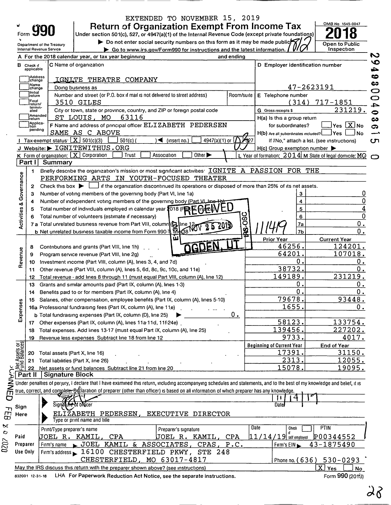 Image of first page of 2018 Form 990 for Ignite Theatre Company