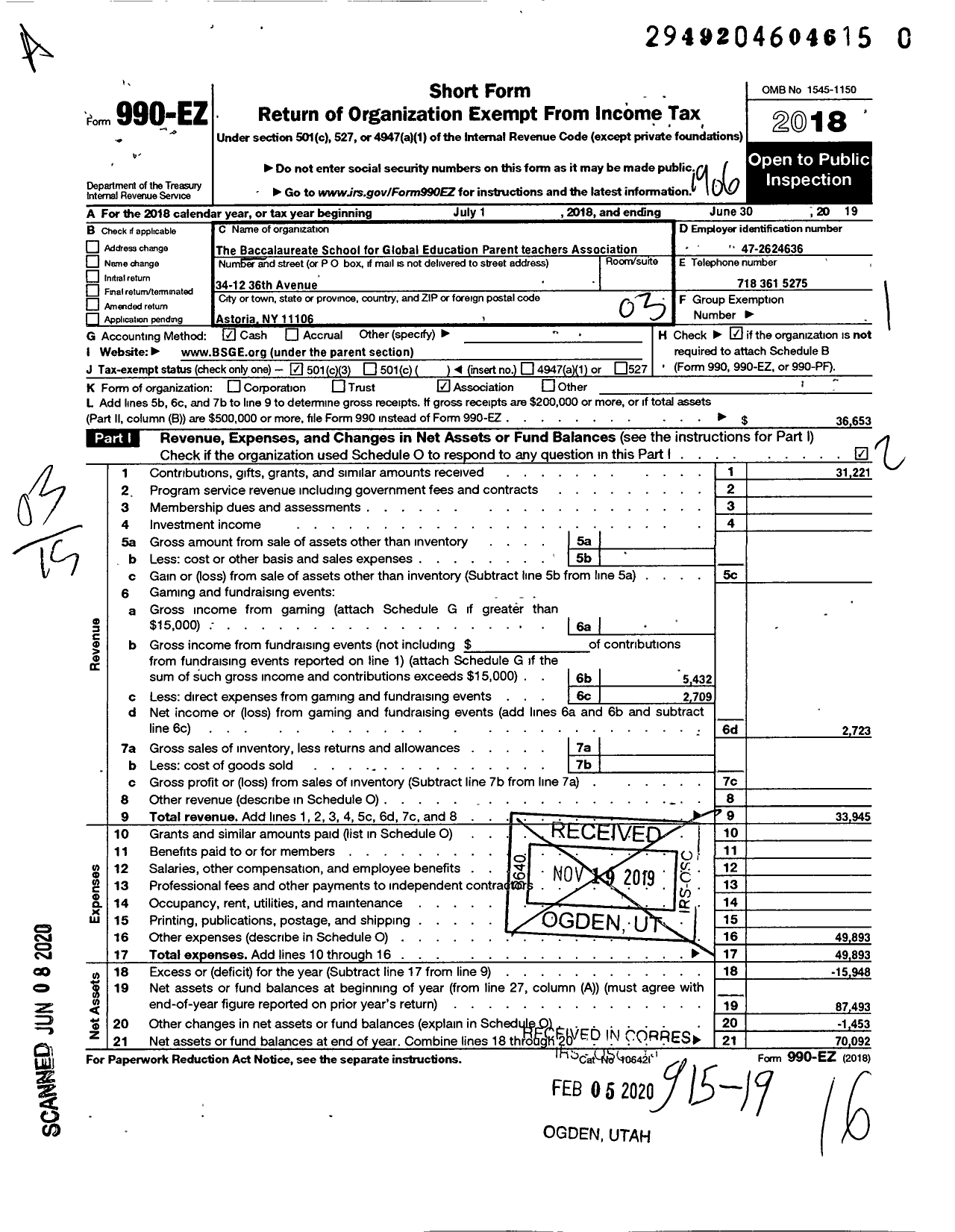 Image of first page of 2018 Form 990EZ for Baccalaureate School for Global Education Parent-Teacher Association